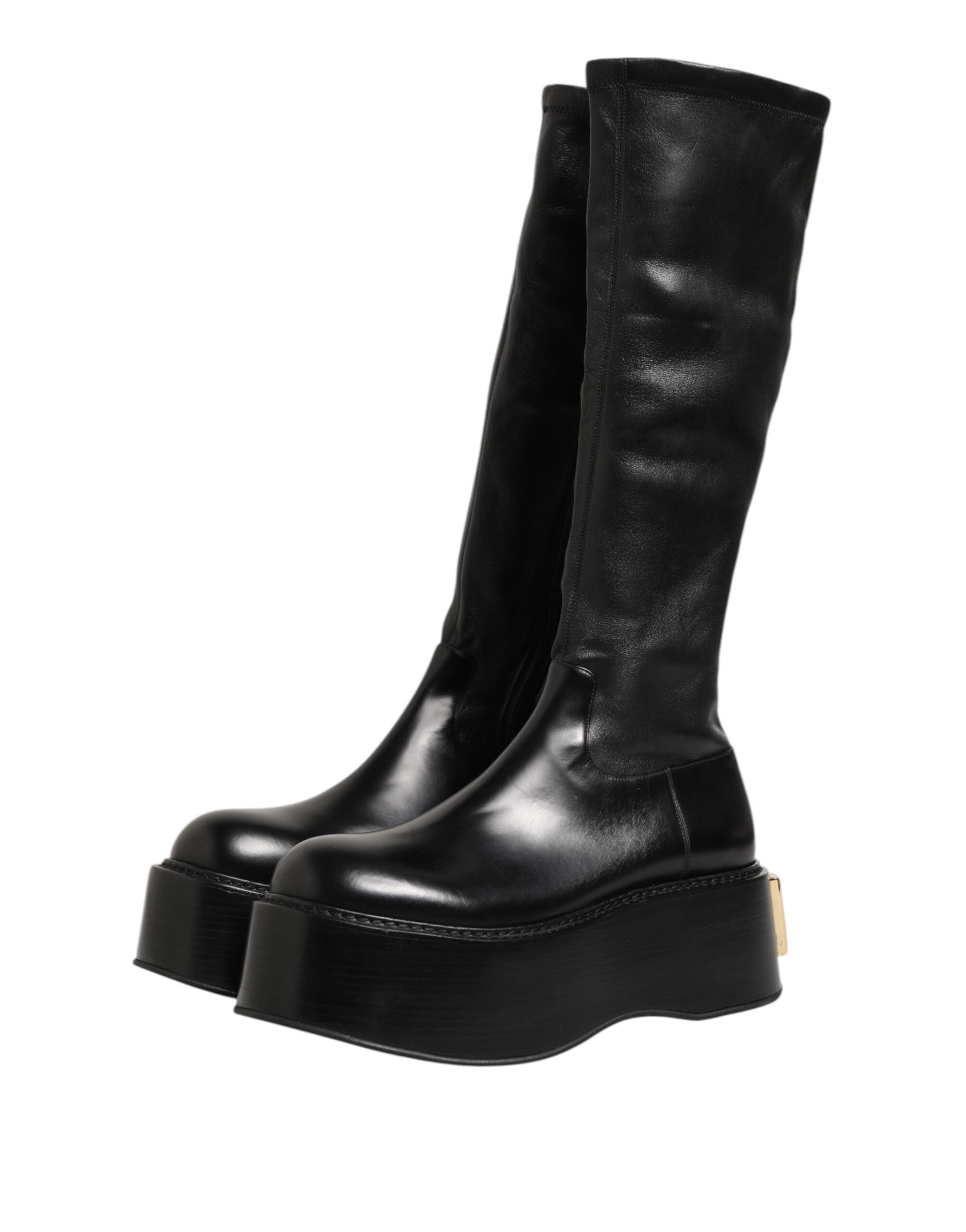 Black Logo Plaque Over The Calf Boots Shoes - ventzia