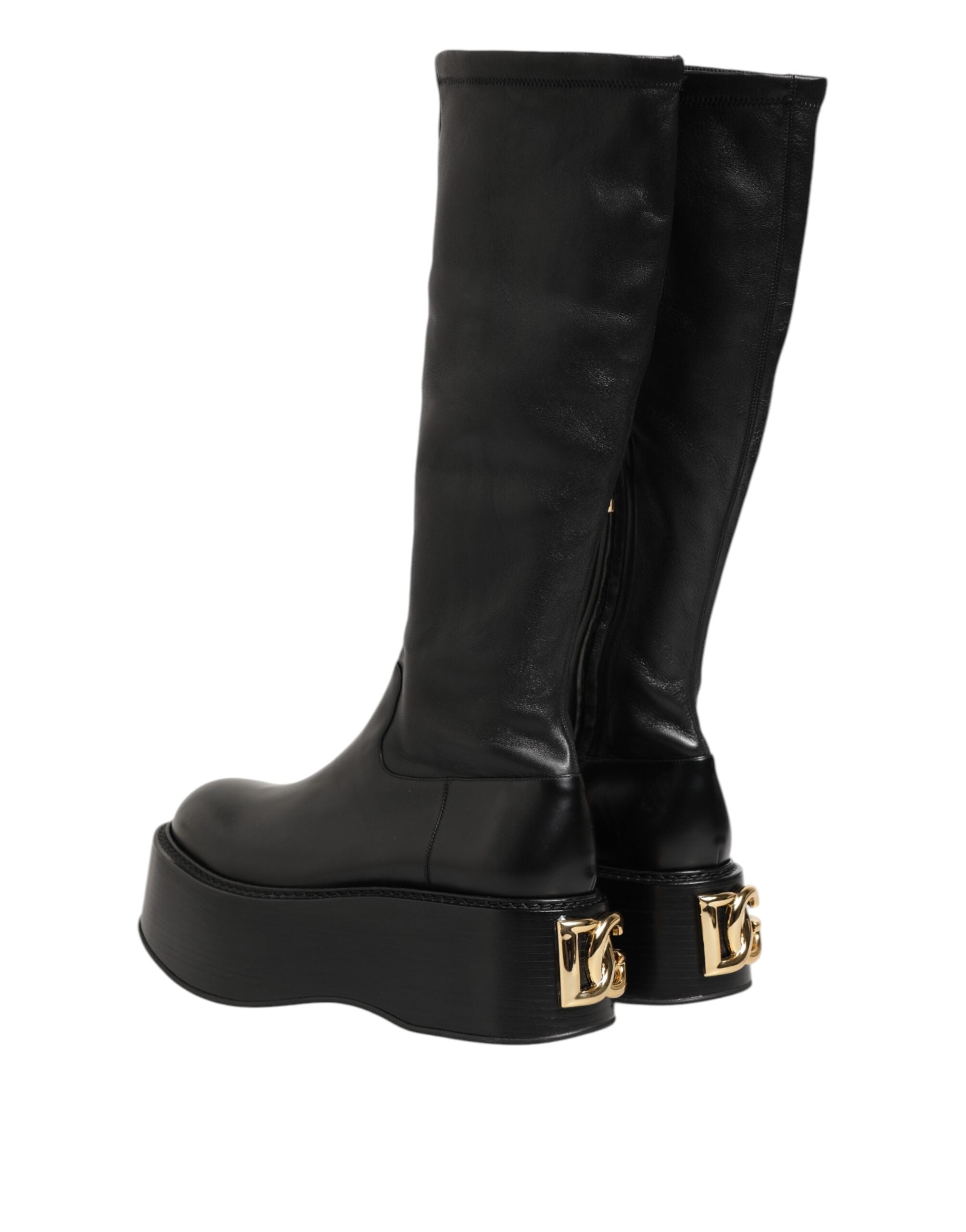 Black Logo Plaque Over The Calf Boots Shoes - ventzia