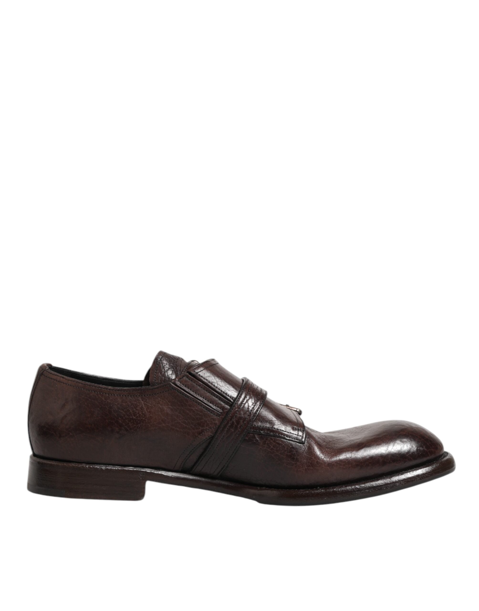 Brown Leather Monk Strap Formal Derby Shoes - ventzia
