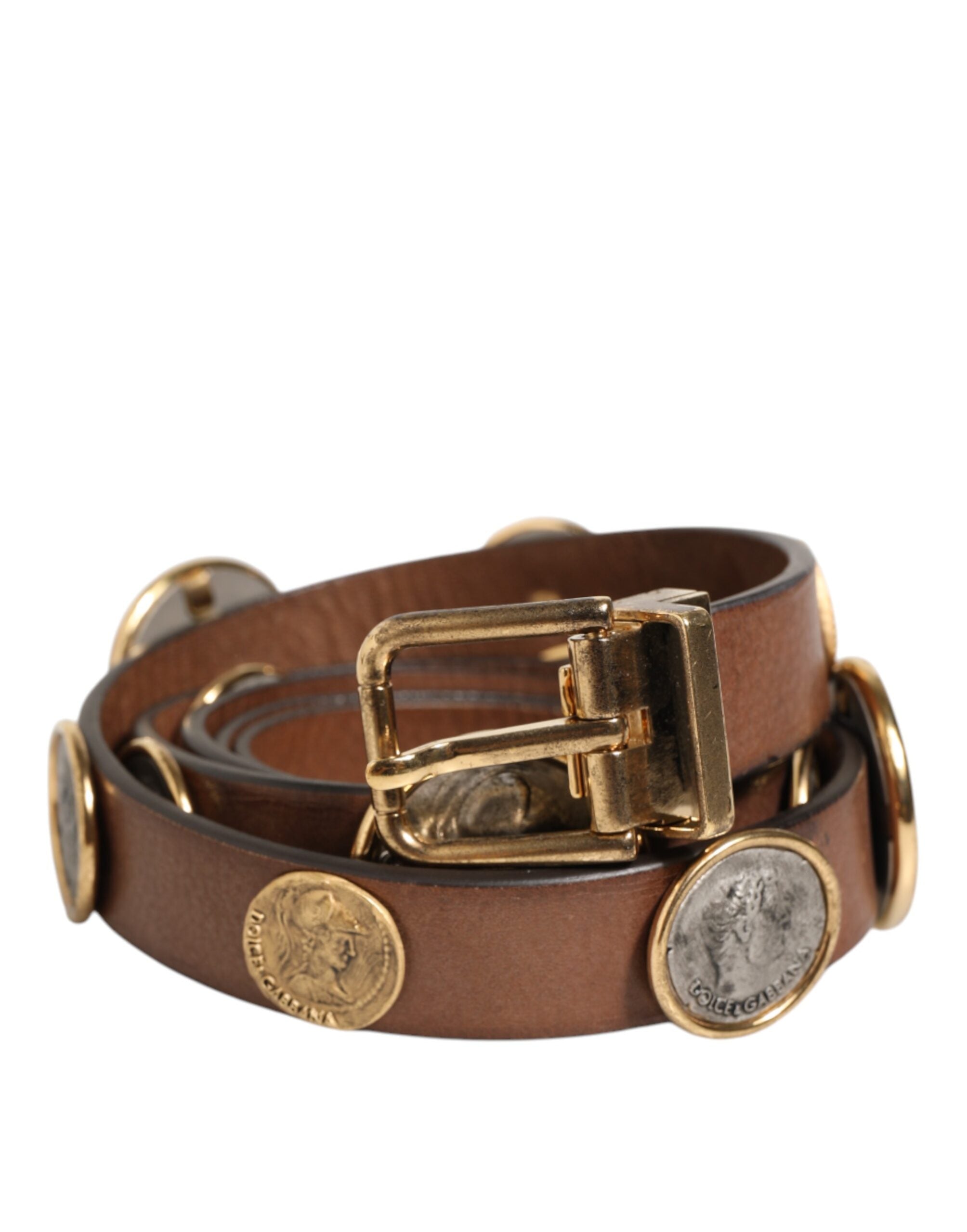 Brown Leather Gold Silver Coin Buckle Belt - ventzia
