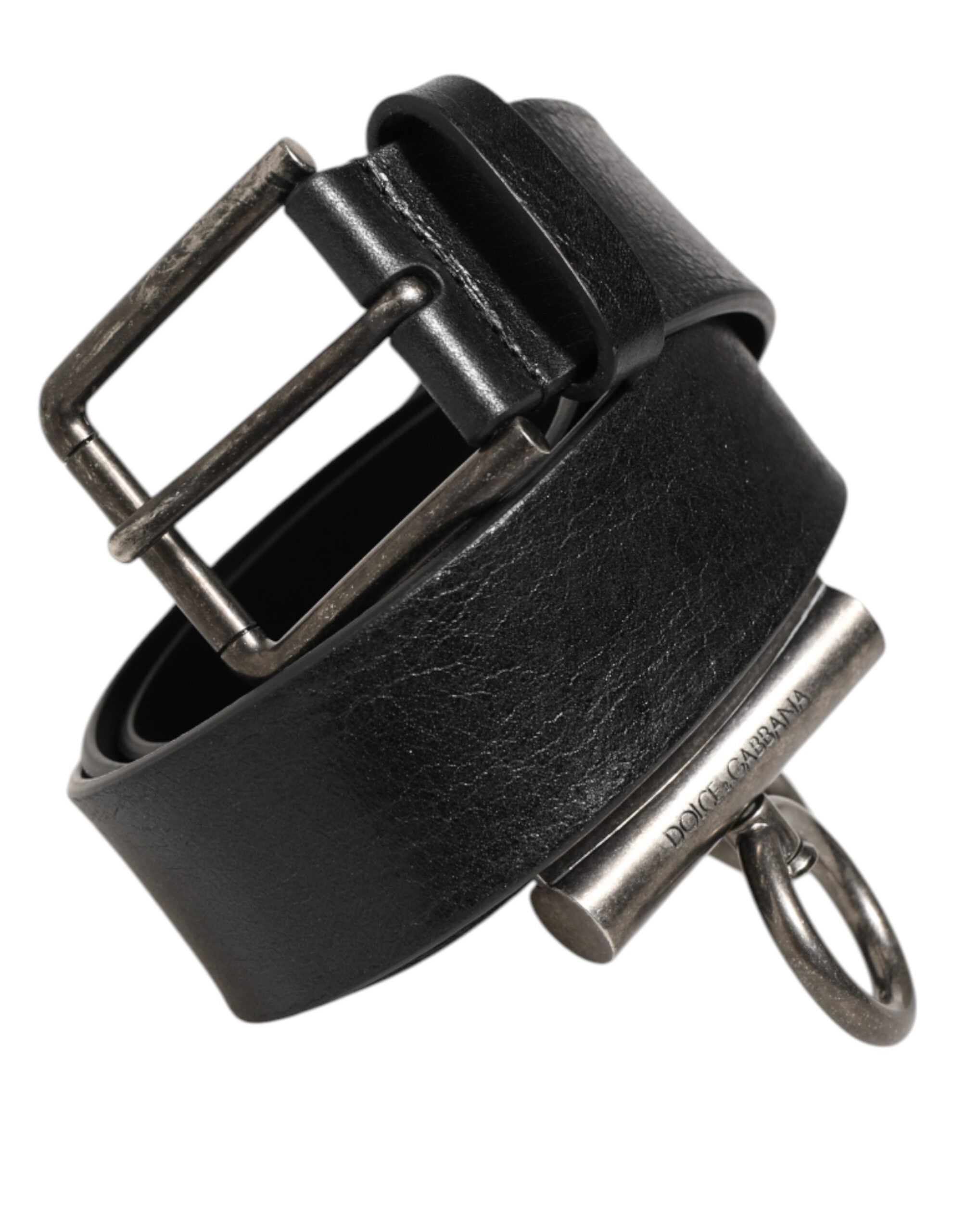 Black Leather Side Rings Brass Buckle Belt - ventzia