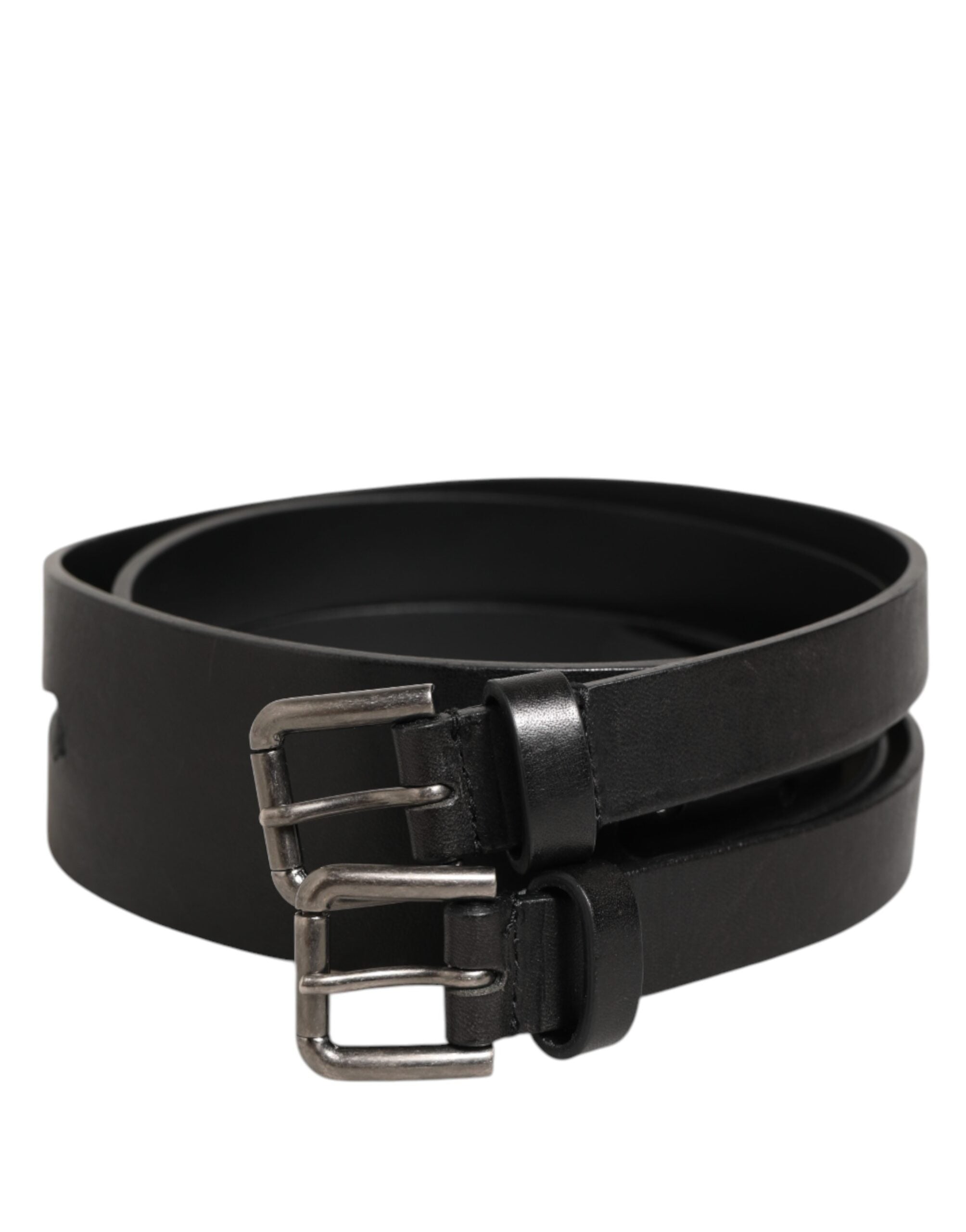 Black Double Strap Leather Silver Buckle Belt - ventzia