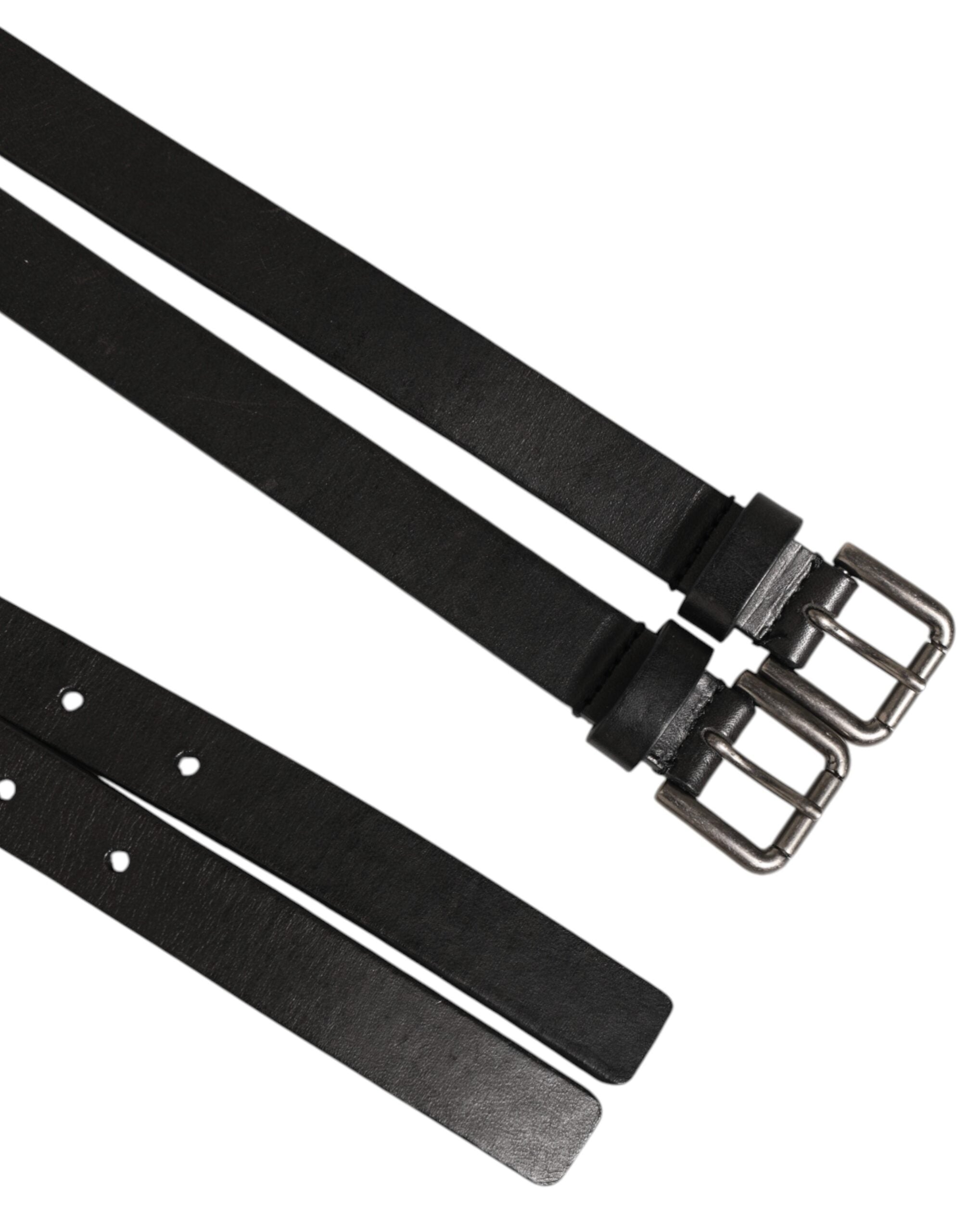 Black Double Strap Leather Silver Buckle Belt - ventzia