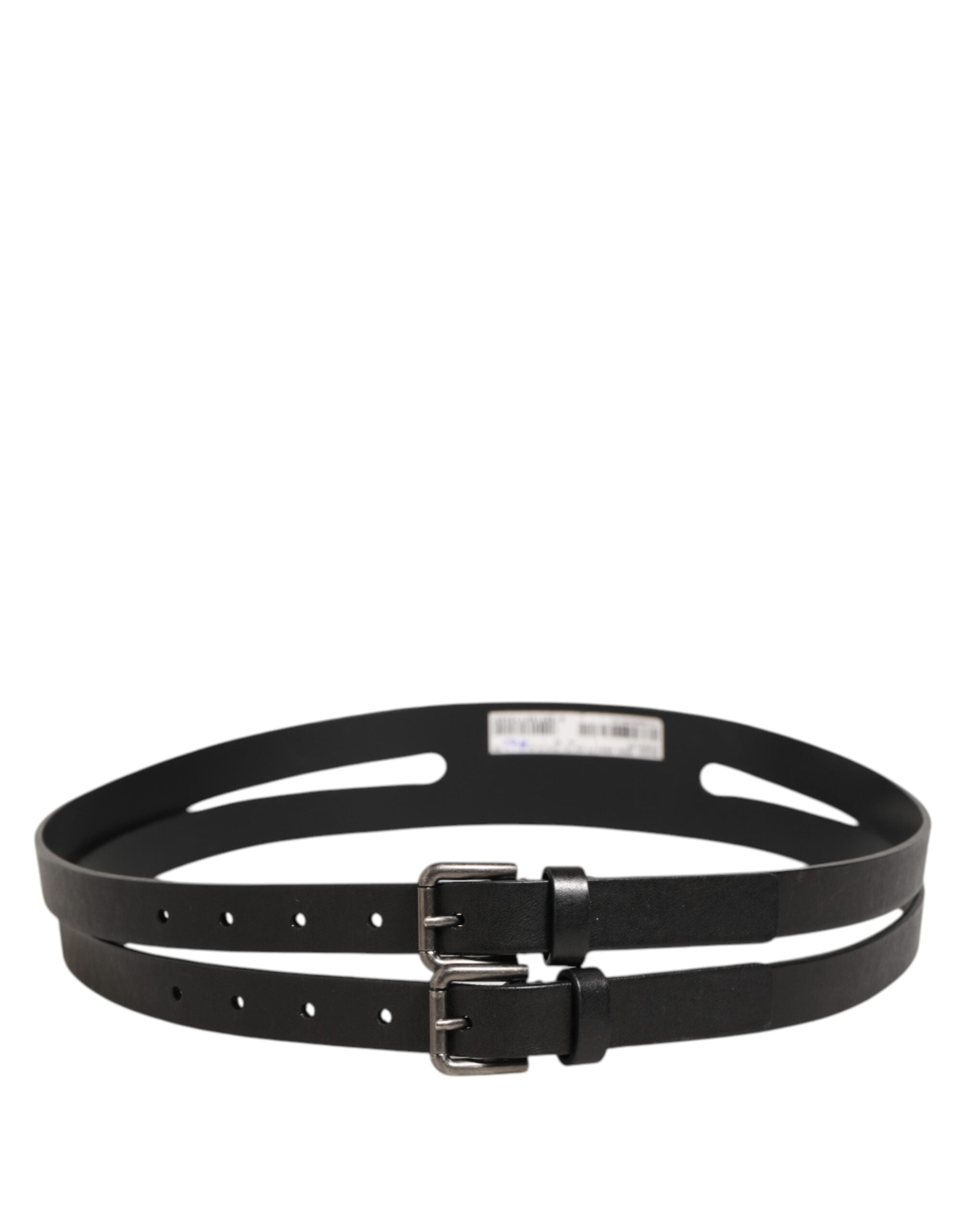 Black Double Strap Leather Silver Buckle Belt - ventzia