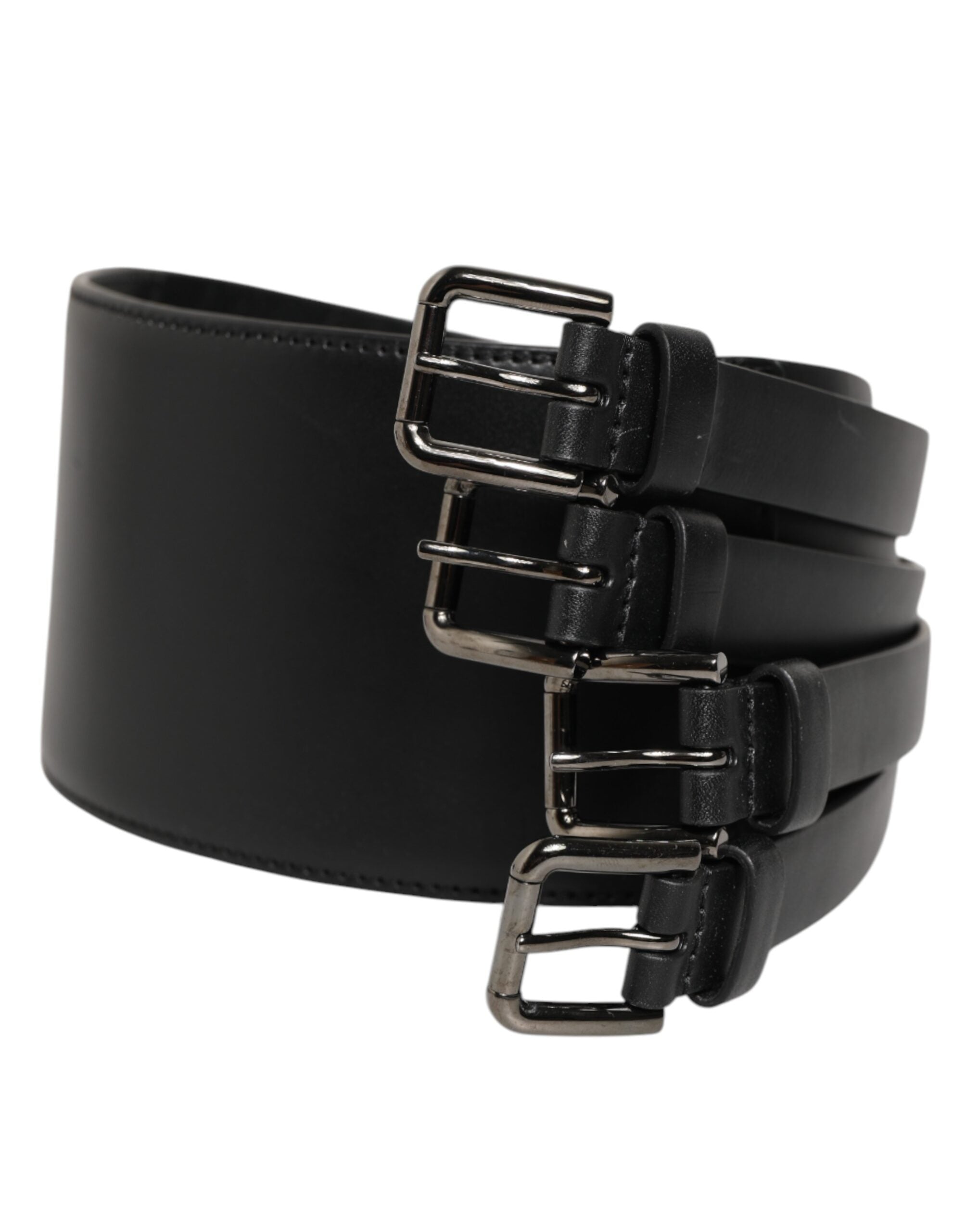 Black Leather 4-Strap Metal Multi-Buckle Belt - ventzia