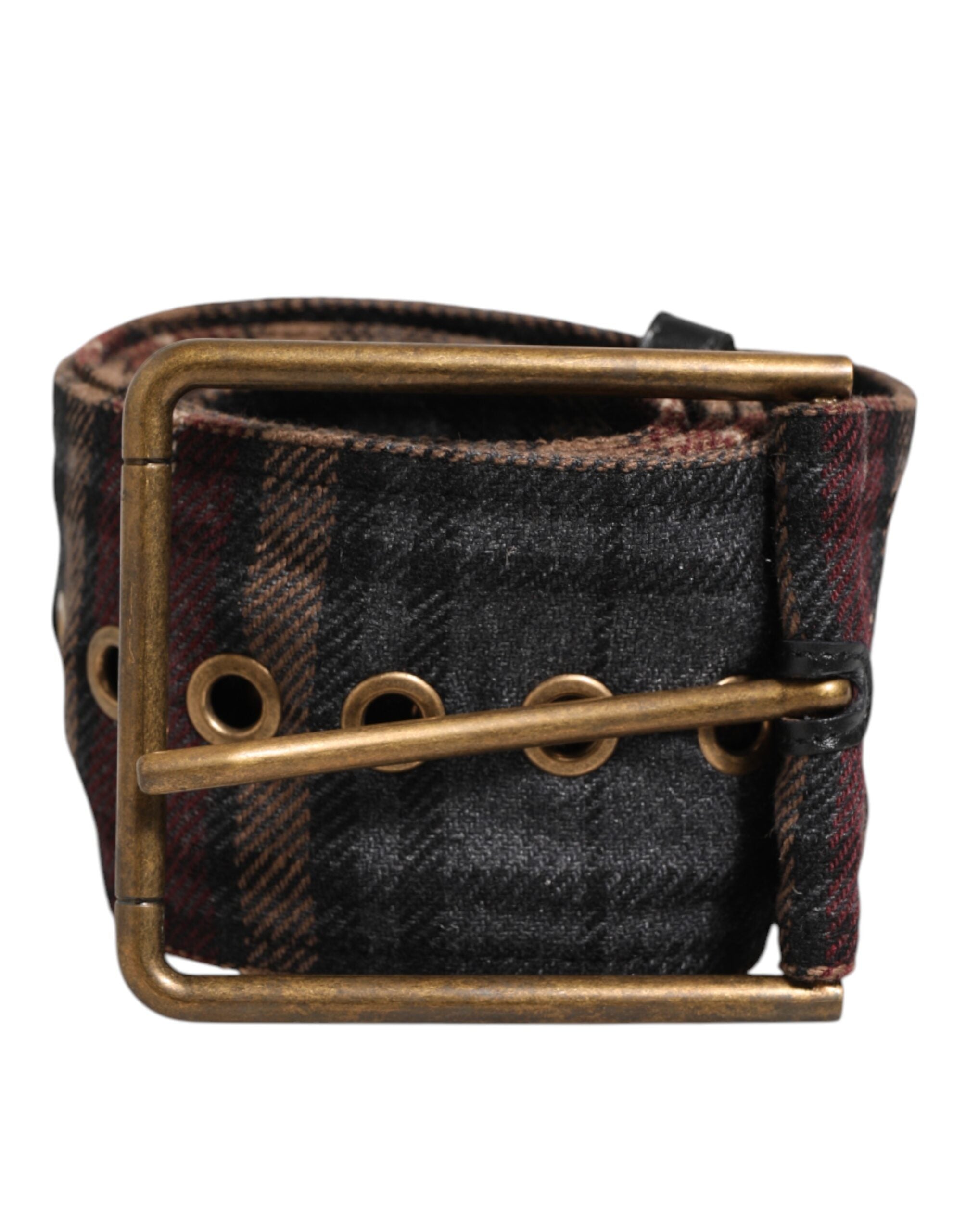 Plaid Fabric Logo Plate Brass Buckle Belt - ventzia