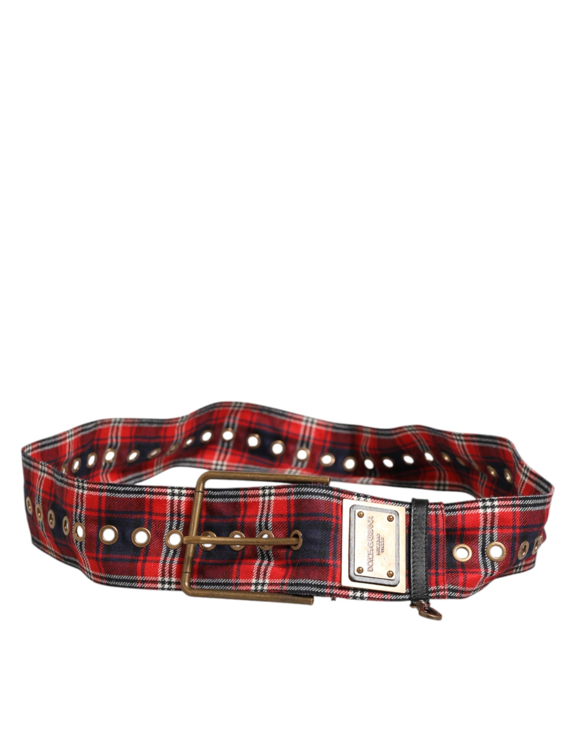 Red Plaid Fabric Logo Plate Brass Buckle Belt - ventzia