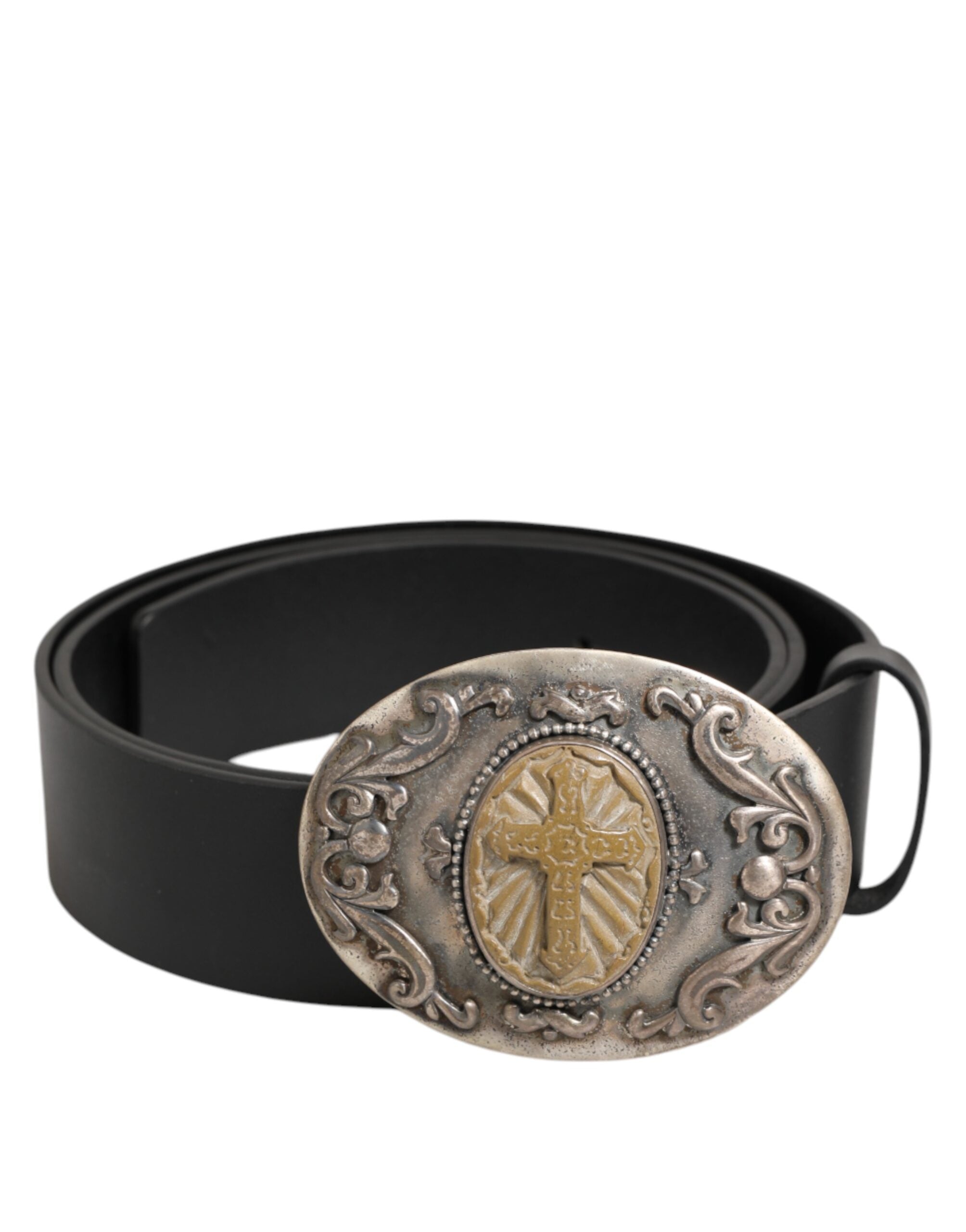 Black Leather Ornate Metal Buckle Men Belt - ventzia