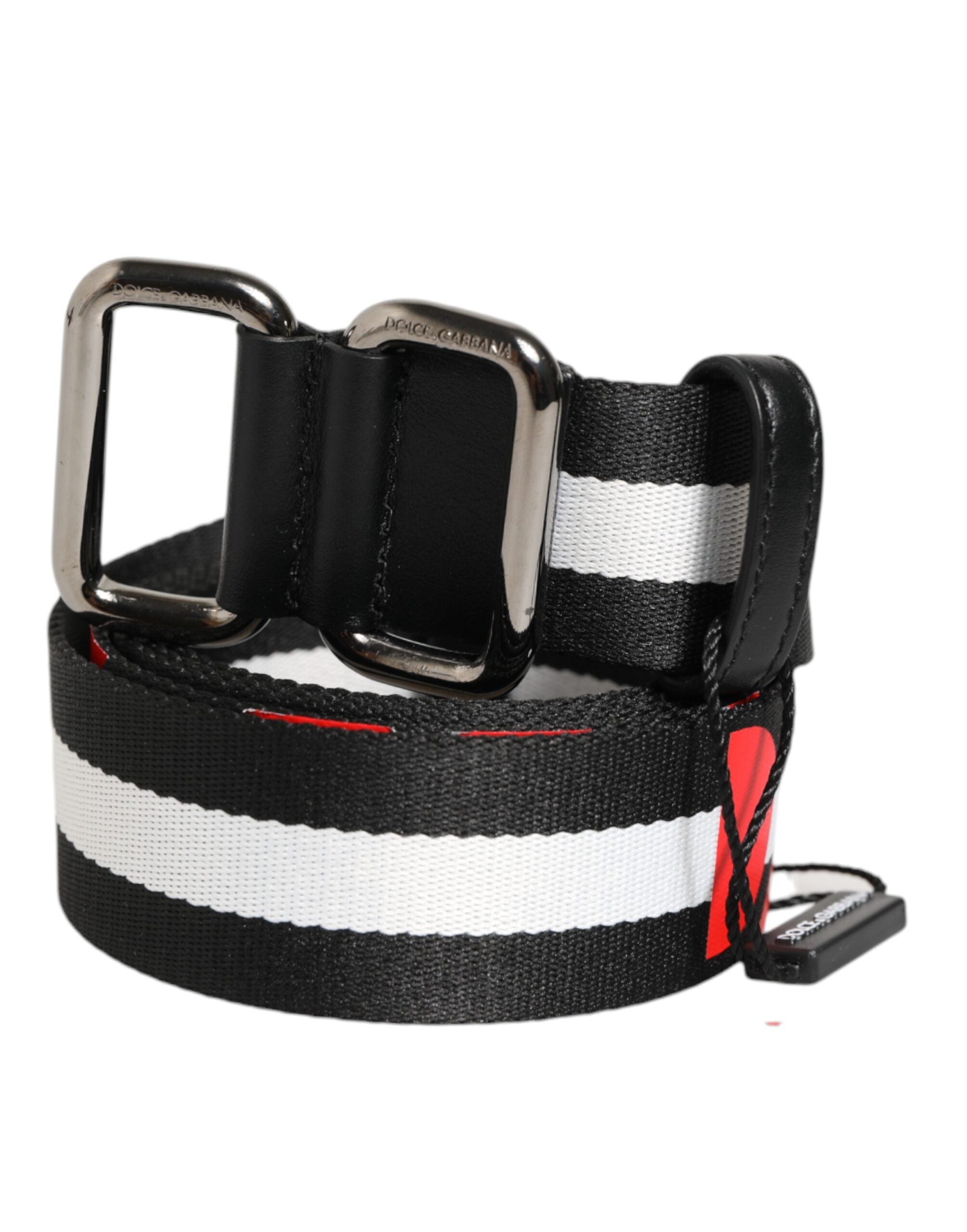 Black White Striped Logo Metal Buckle Belt - ventzia