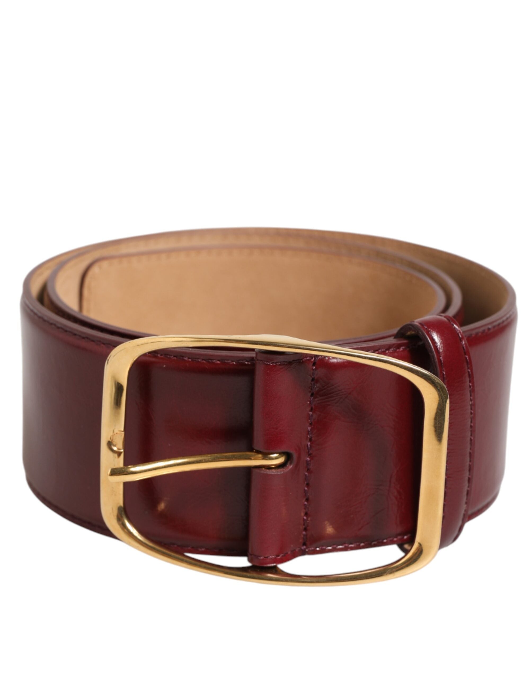 Burgundy Leather Gold Metal Buckle Women Belt - ventzia