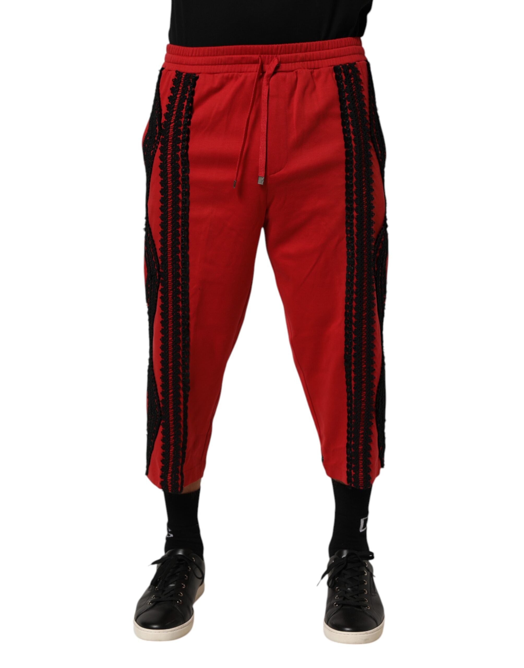 Red Embroidered Casual Cropped Trouser Pants - ventzia