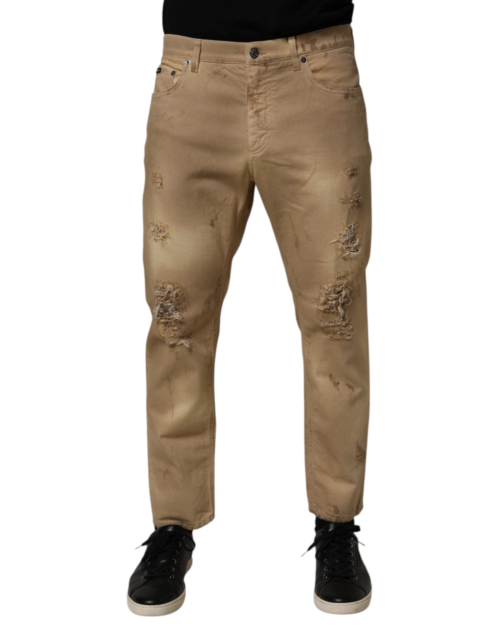 Beige Cotton Loose Tattered Men Denim Jeans - ventzia