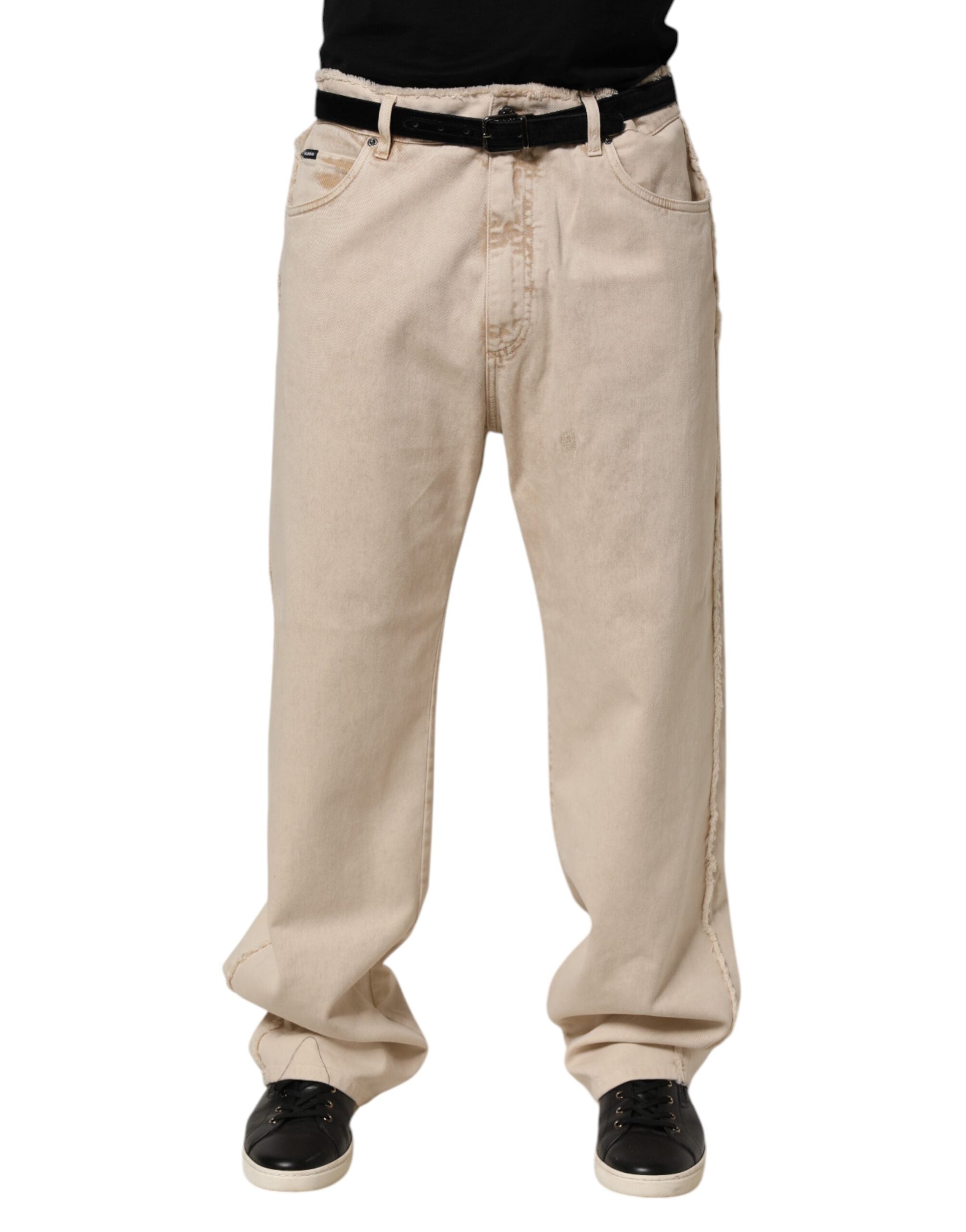 Beige Cotton Straight Denim Trouser Jeans - ventzia