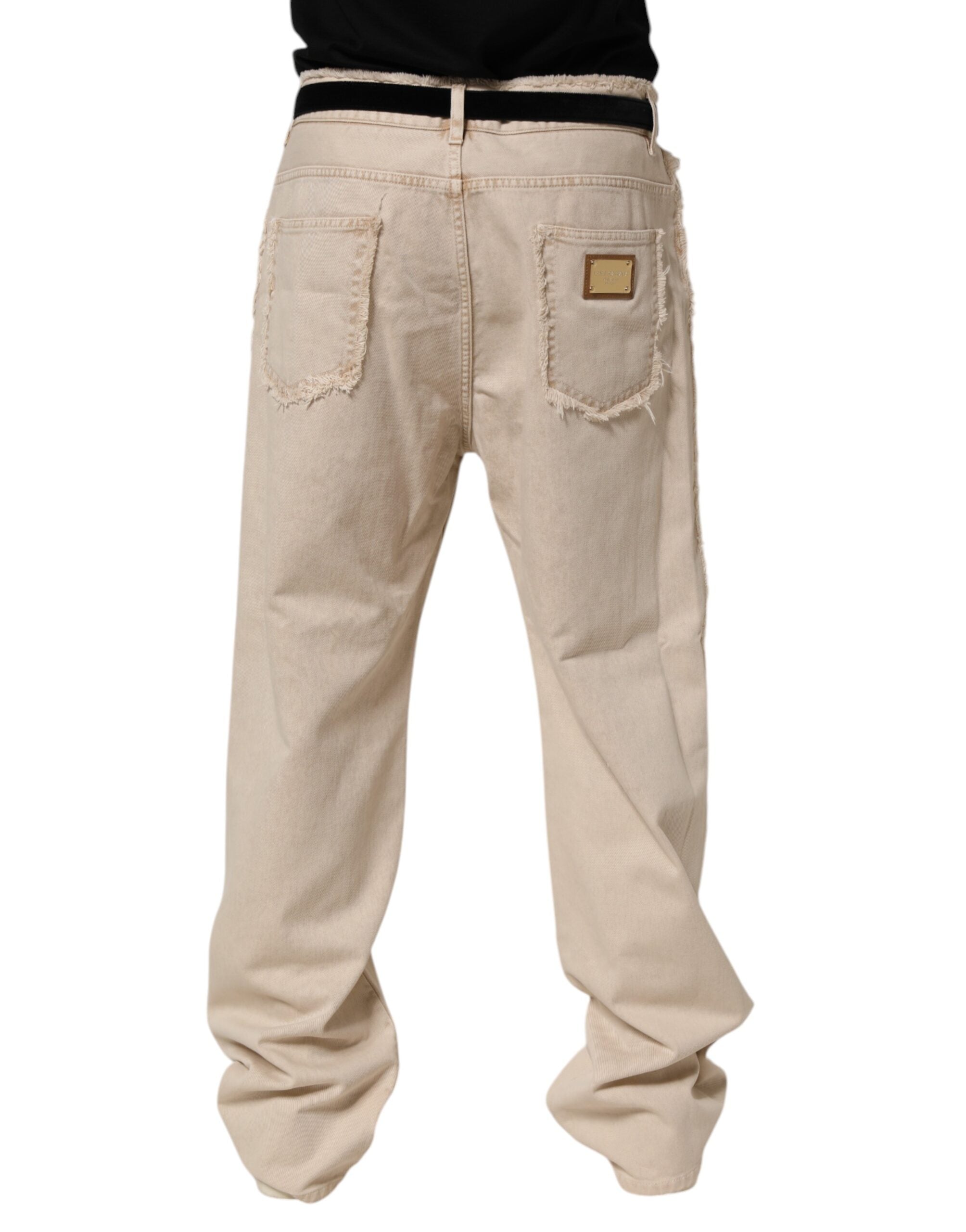 Beige Cotton Straight Denim Trouser Jeans - ventzia