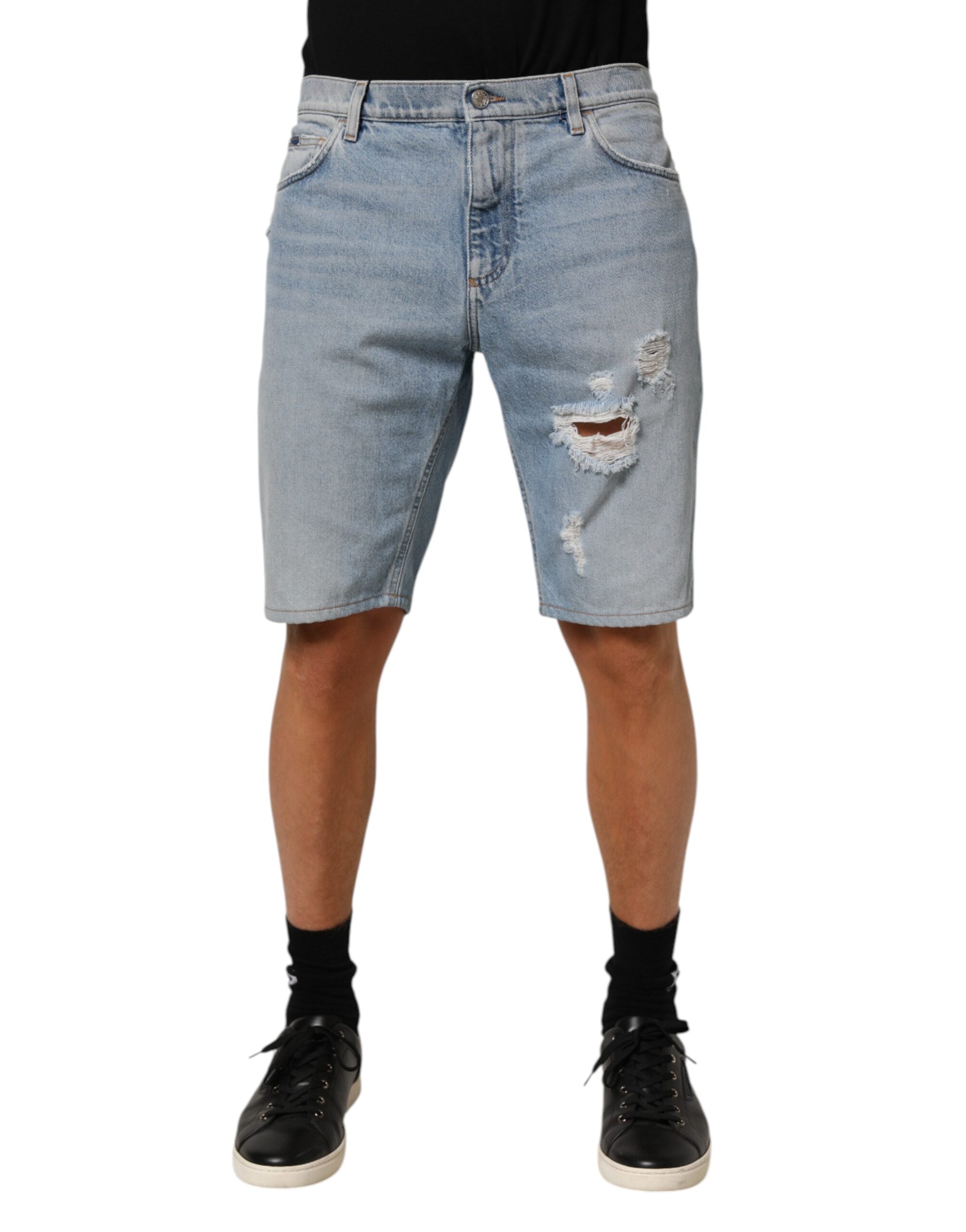 Blue Cotton Distressed Denim Bermuda Shorts - ventzia