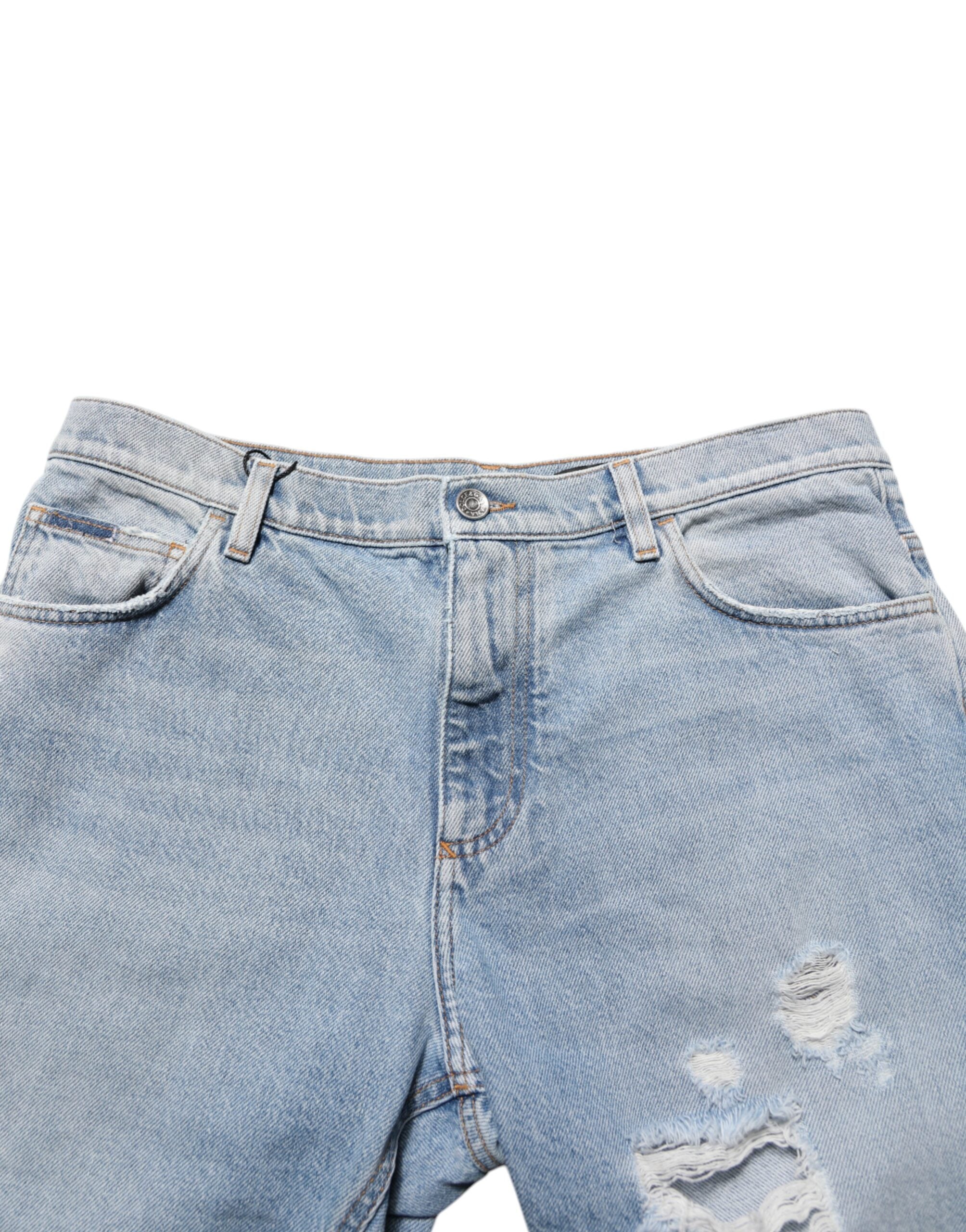 Blue Cotton Distressed Denim Bermuda Shorts - ventzia