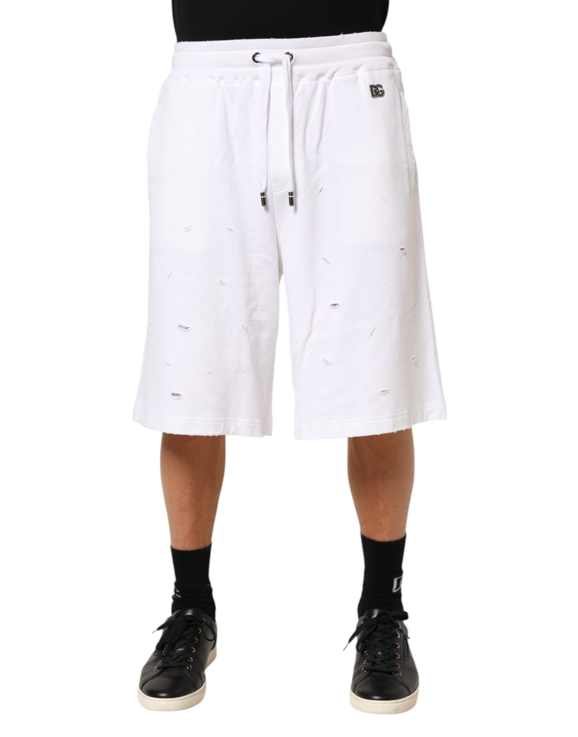 White Cotton Ripped Bermuda Sweatpants Shorts - ventzia