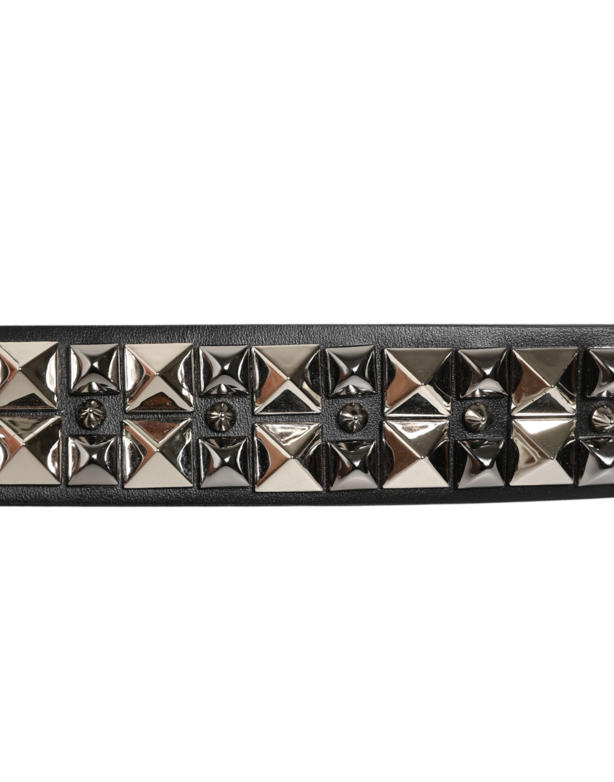 Black Calf Leather Studded Silver Buckle Belt - ventzia