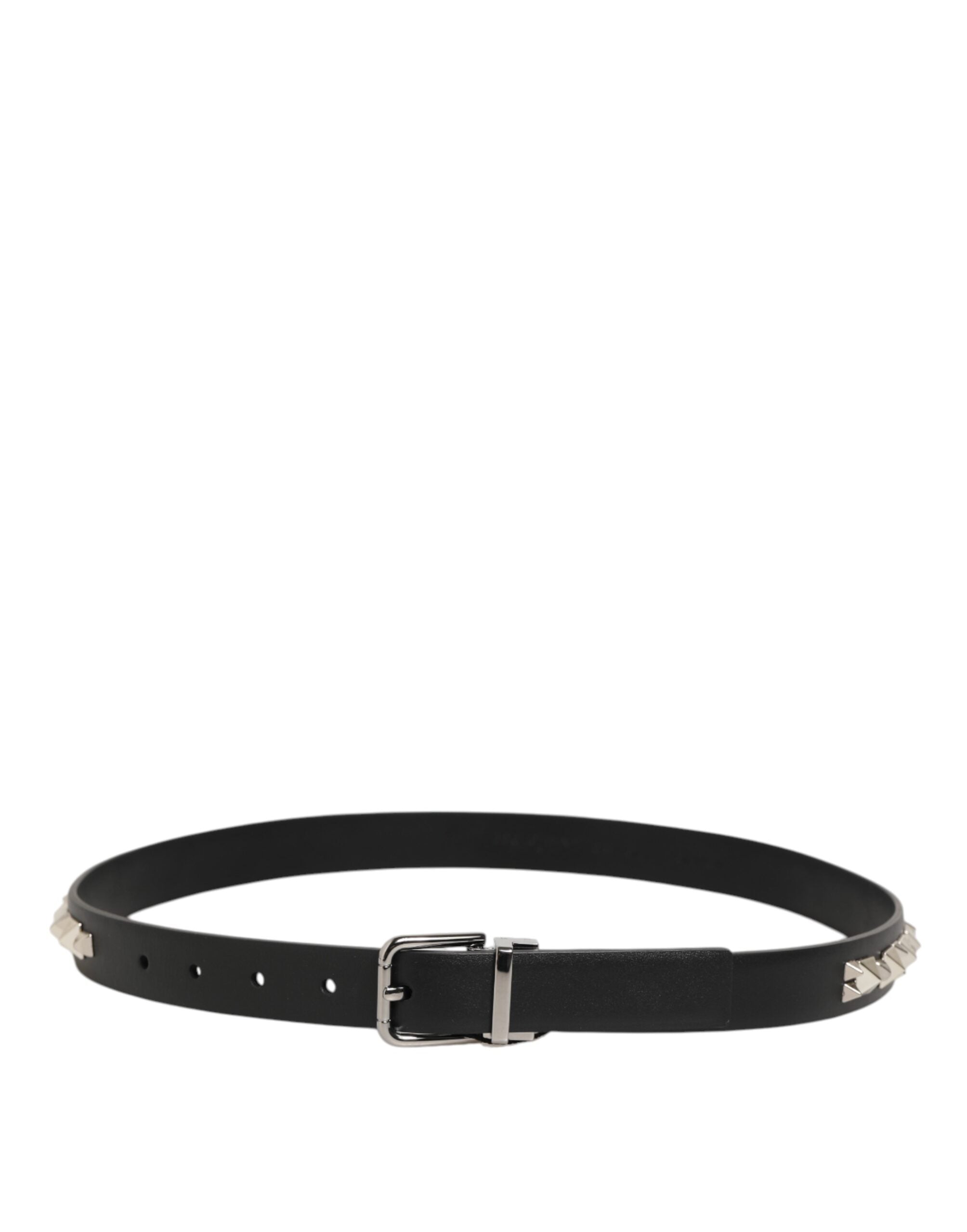 Black Leather Studded Silver-Tone Buckle Belt - ventzia