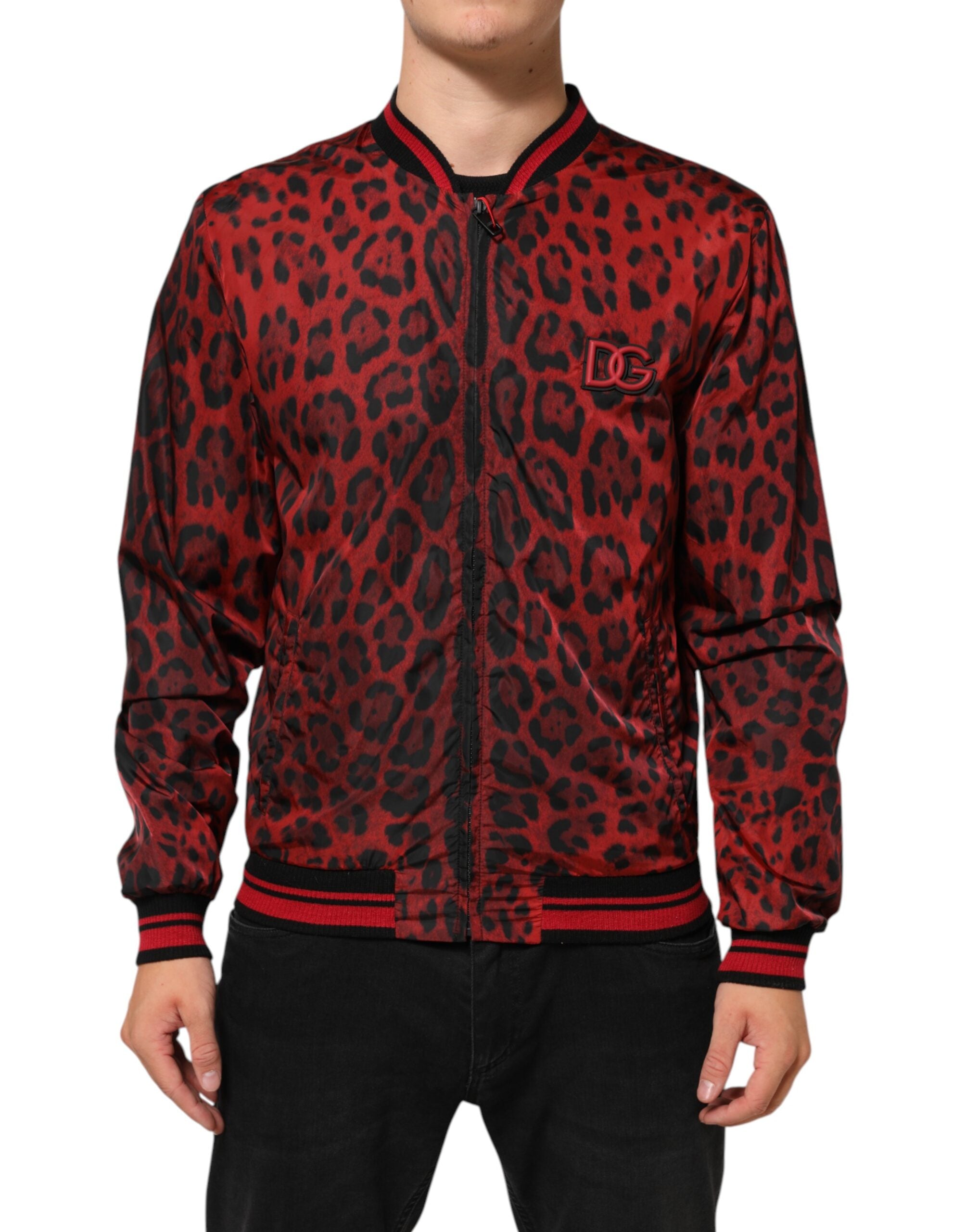 Red Leopard Print Full Zip Bomber Men Jacket - ventzia