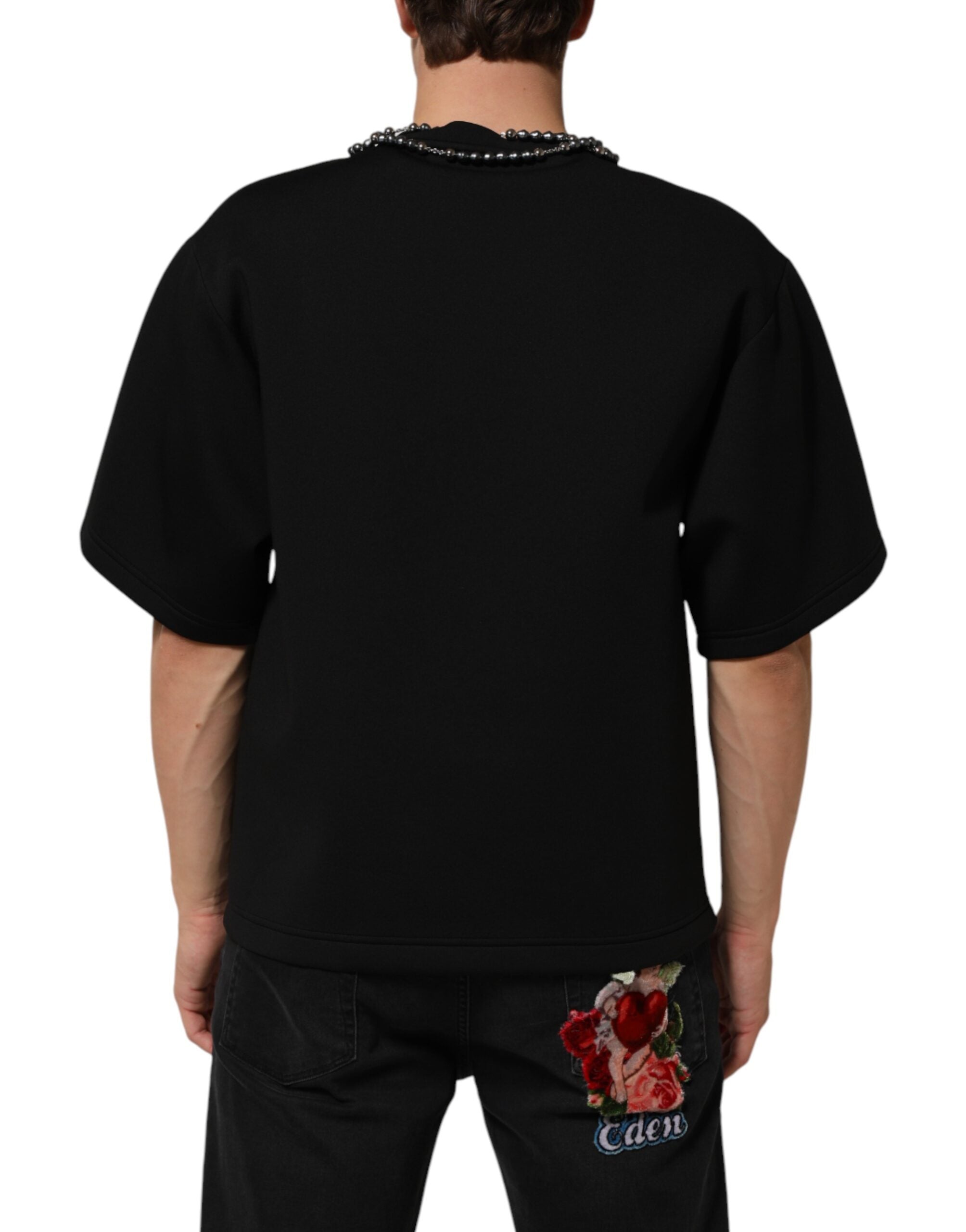 Black Polyester Necklace Embellished T-shirt - ventzia