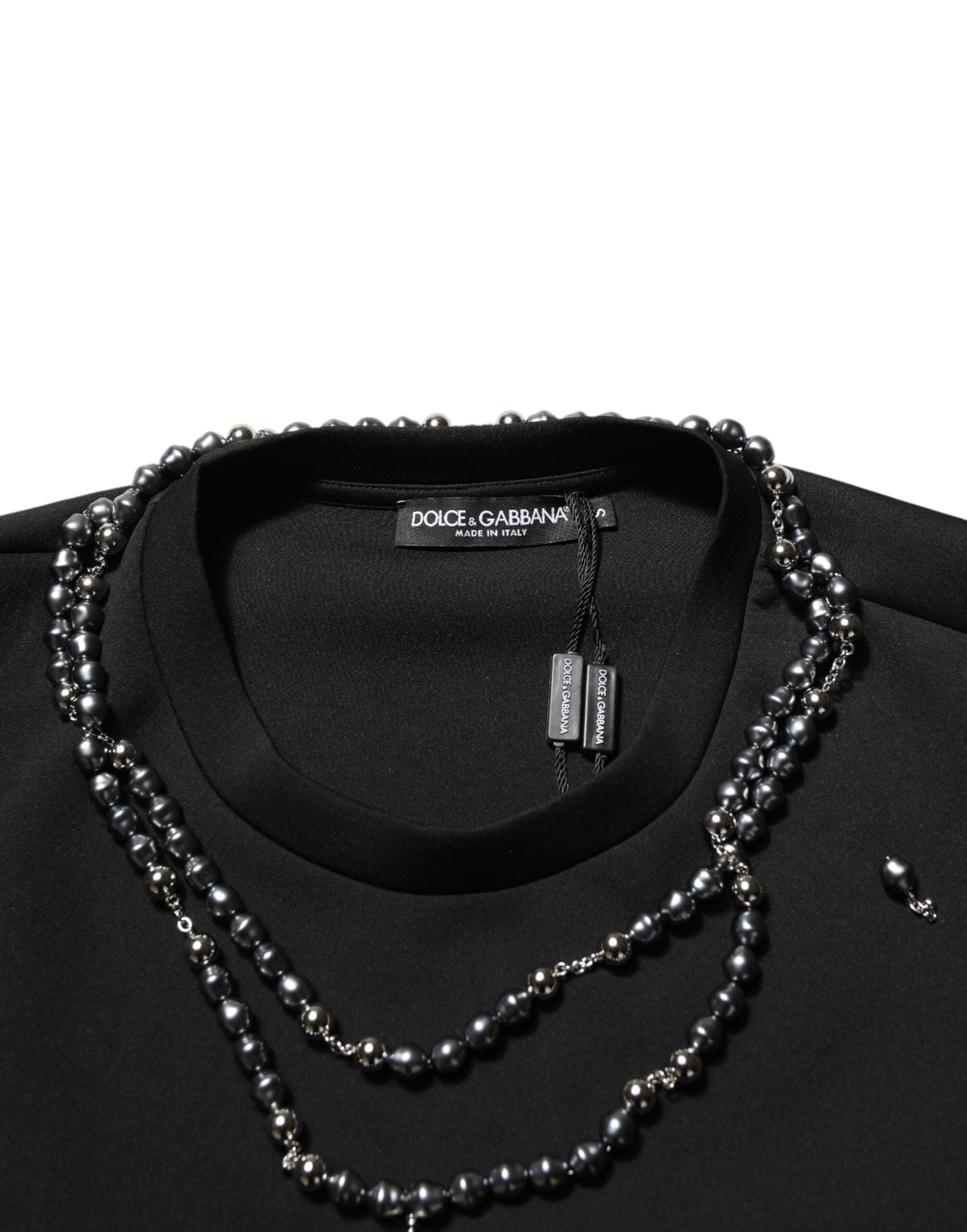 Black Polyester Necklace Embellished T-shirt - ventzia