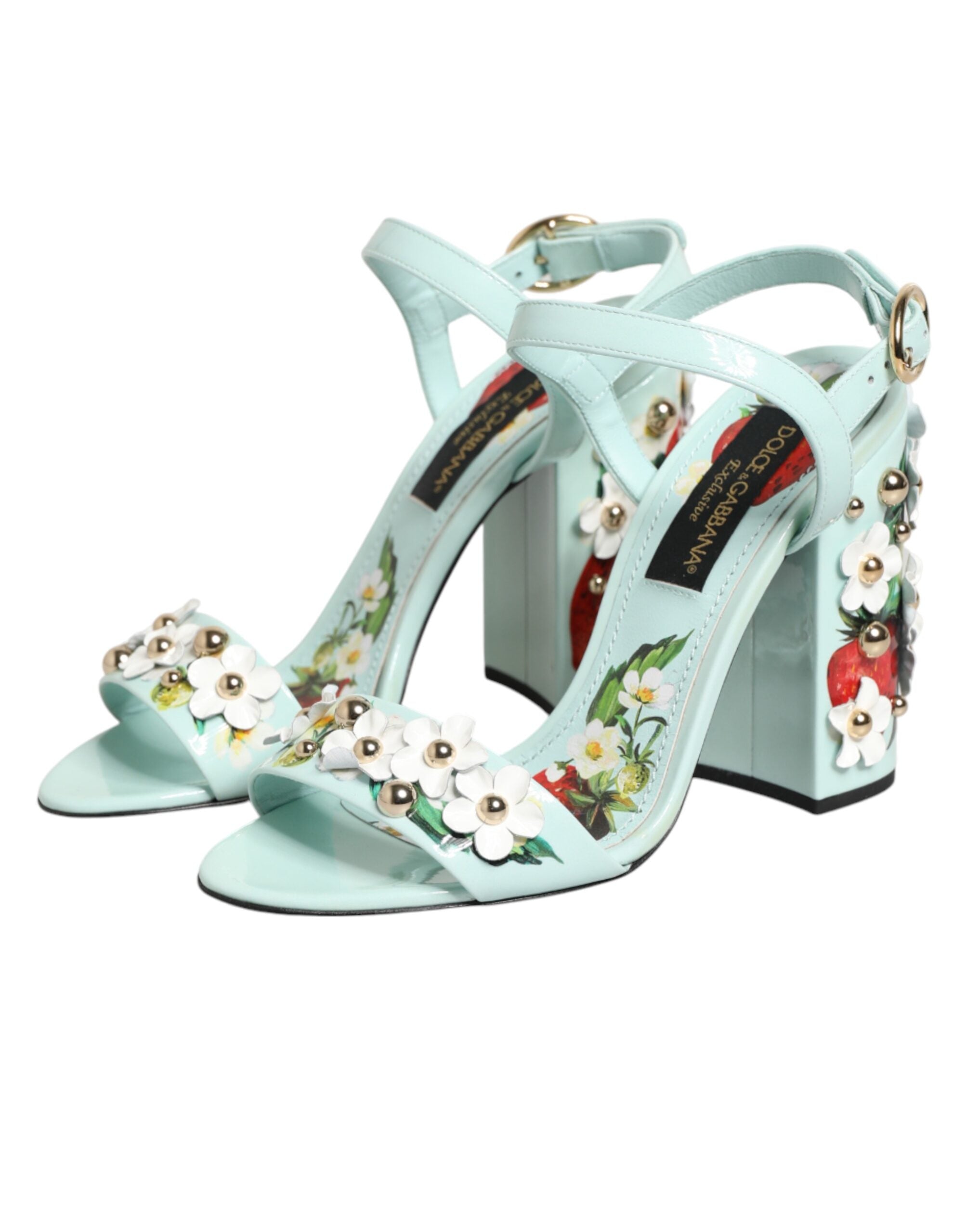 Mint Green Floral Studs Heels Sandals Shoes - ventzia