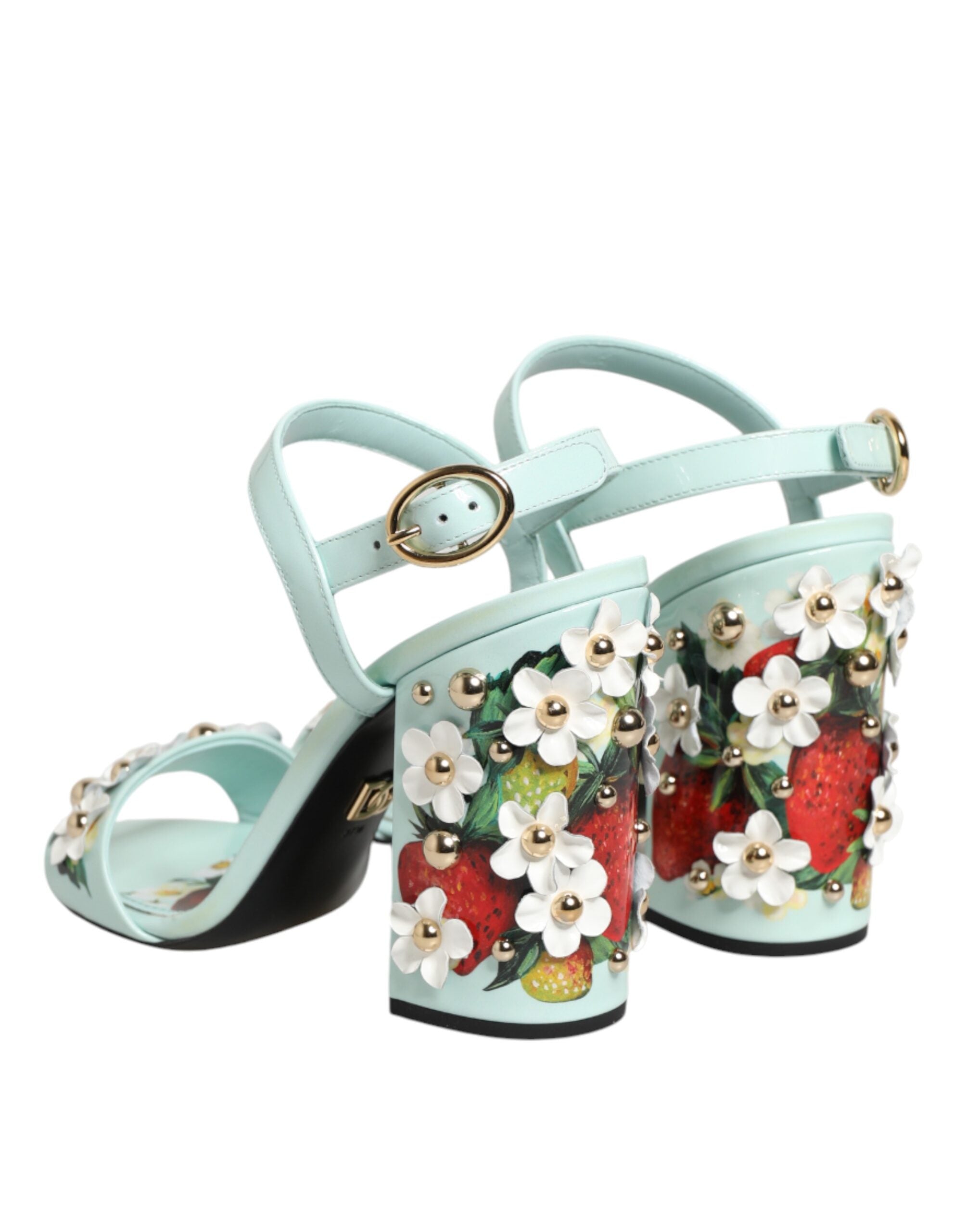 Mint Green Floral Studs Heels Sandals Shoes - ventzia
