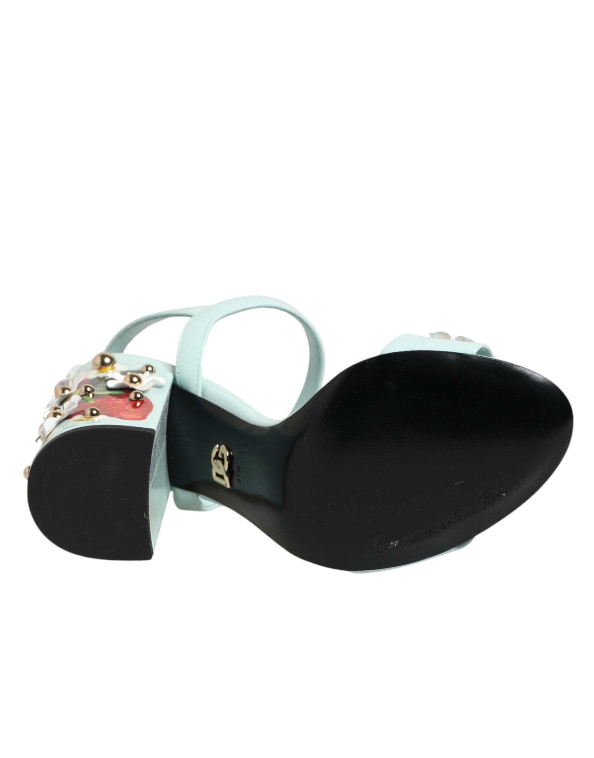 Mint Green Floral Studs Heels Sandals Shoes - ventzia