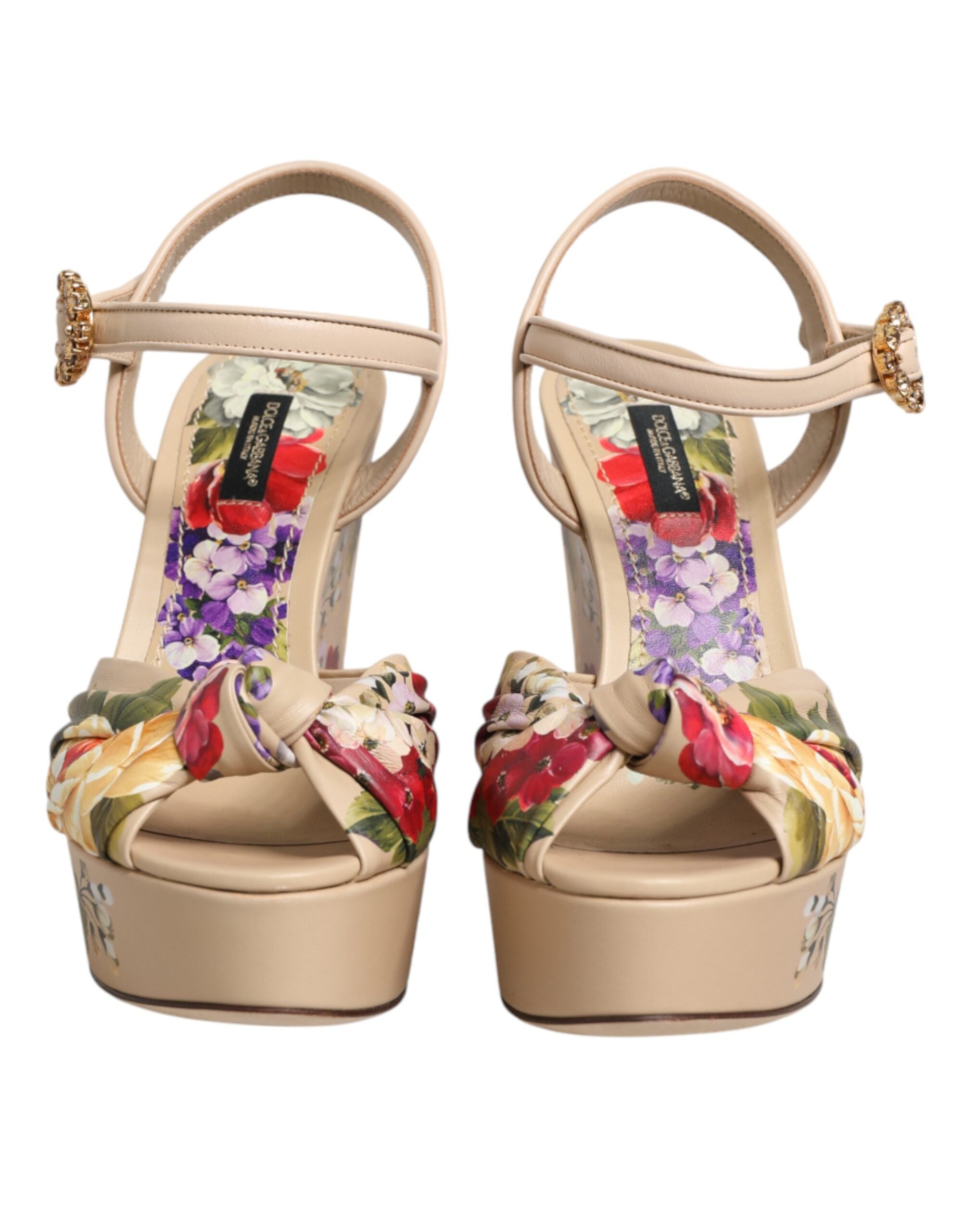 Beige Floral Ankle Strap Wedge Sandals Shoes - ventzia