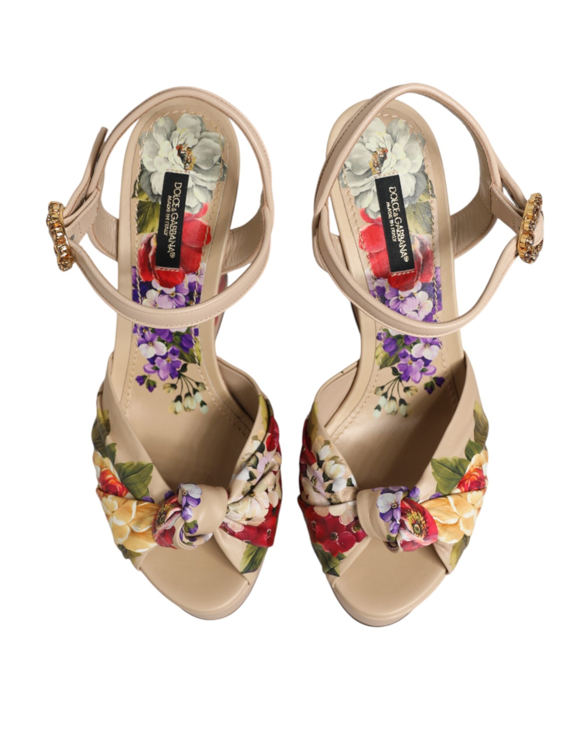 Beige Floral Ankle Strap Wedge Sandals Shoes - ventzia