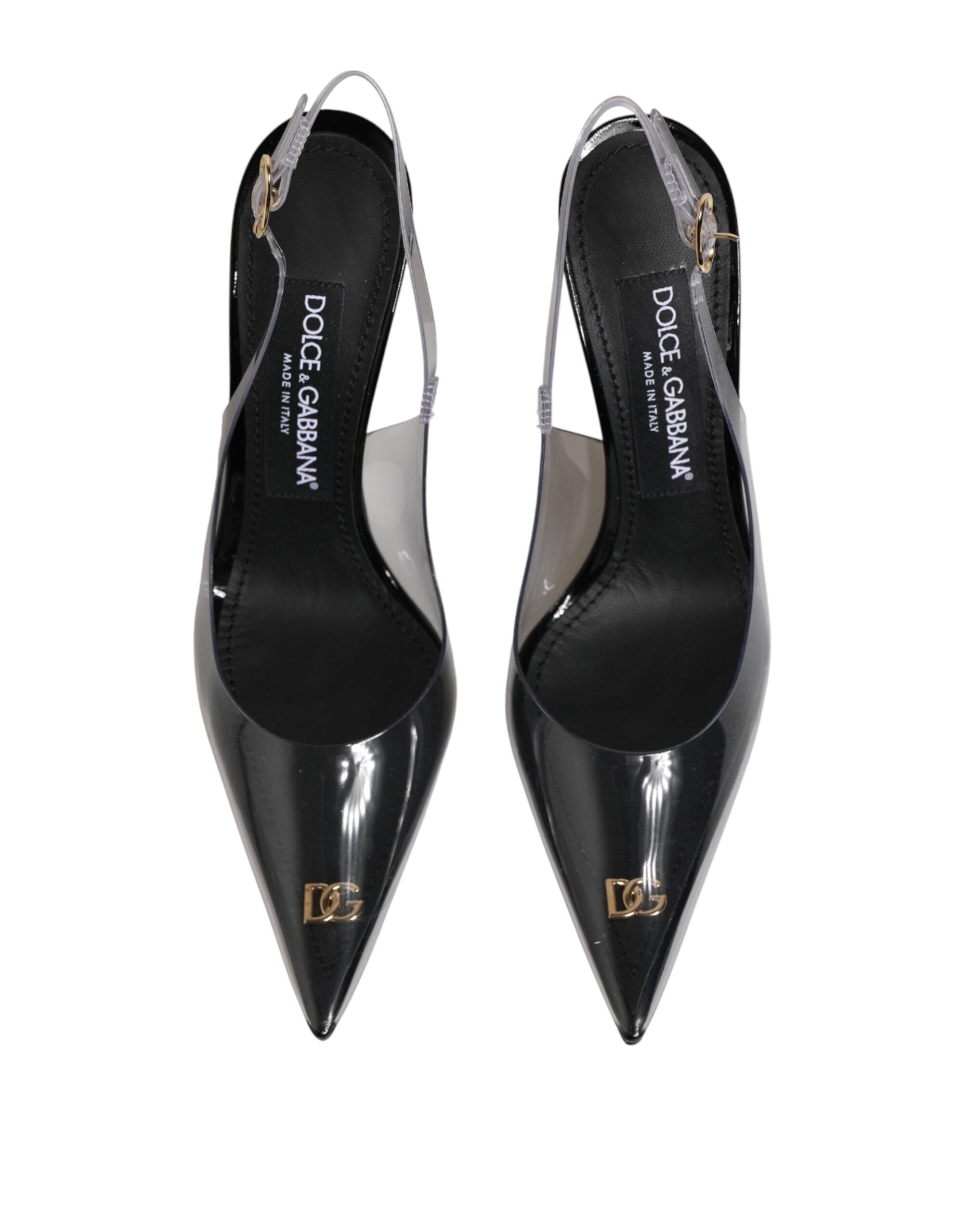 Black Leather Clear PVC Slingback Pumps Shoes - ventzia