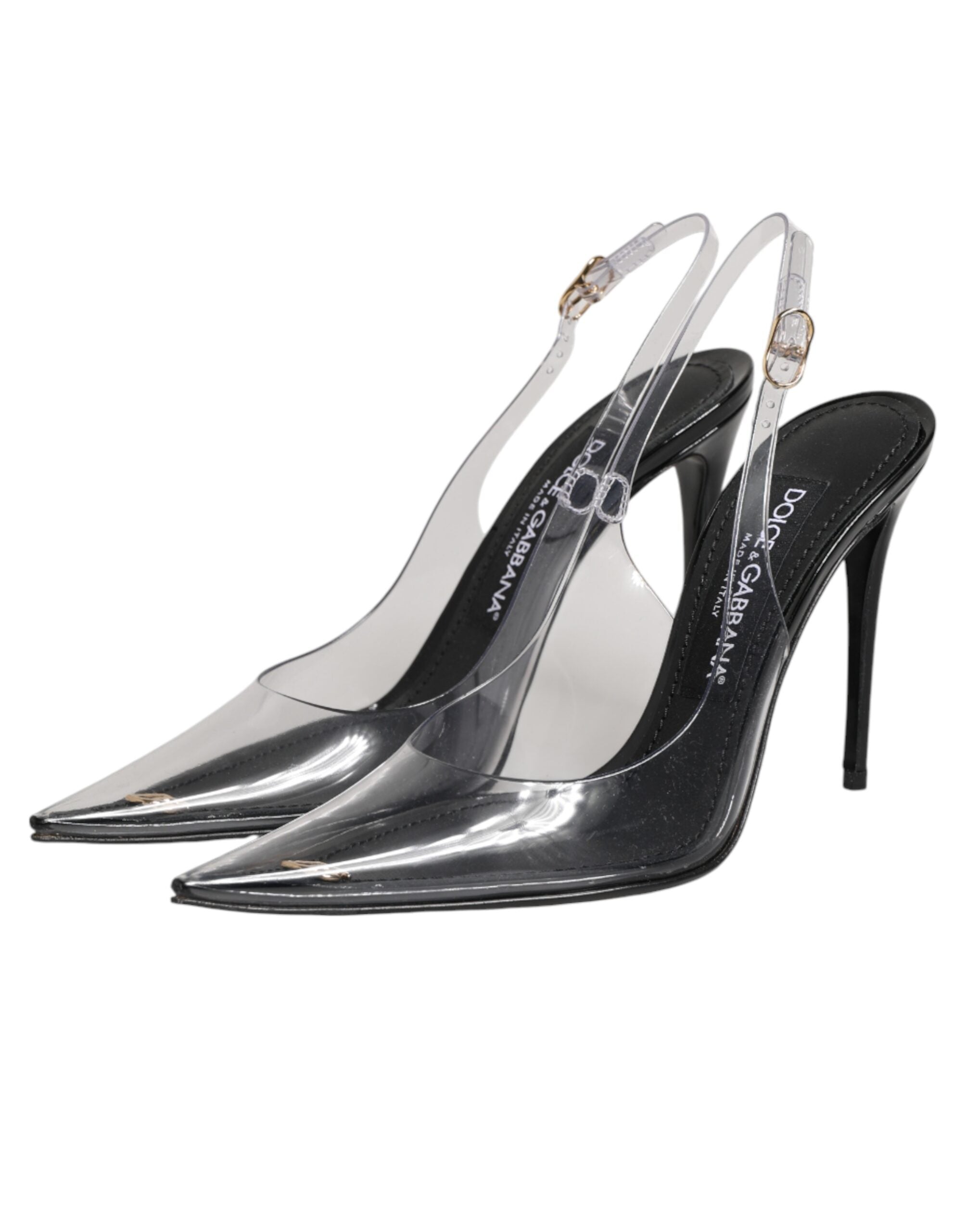 Black Leather Clear PVC Slingback Pumps Shoes - ventzia