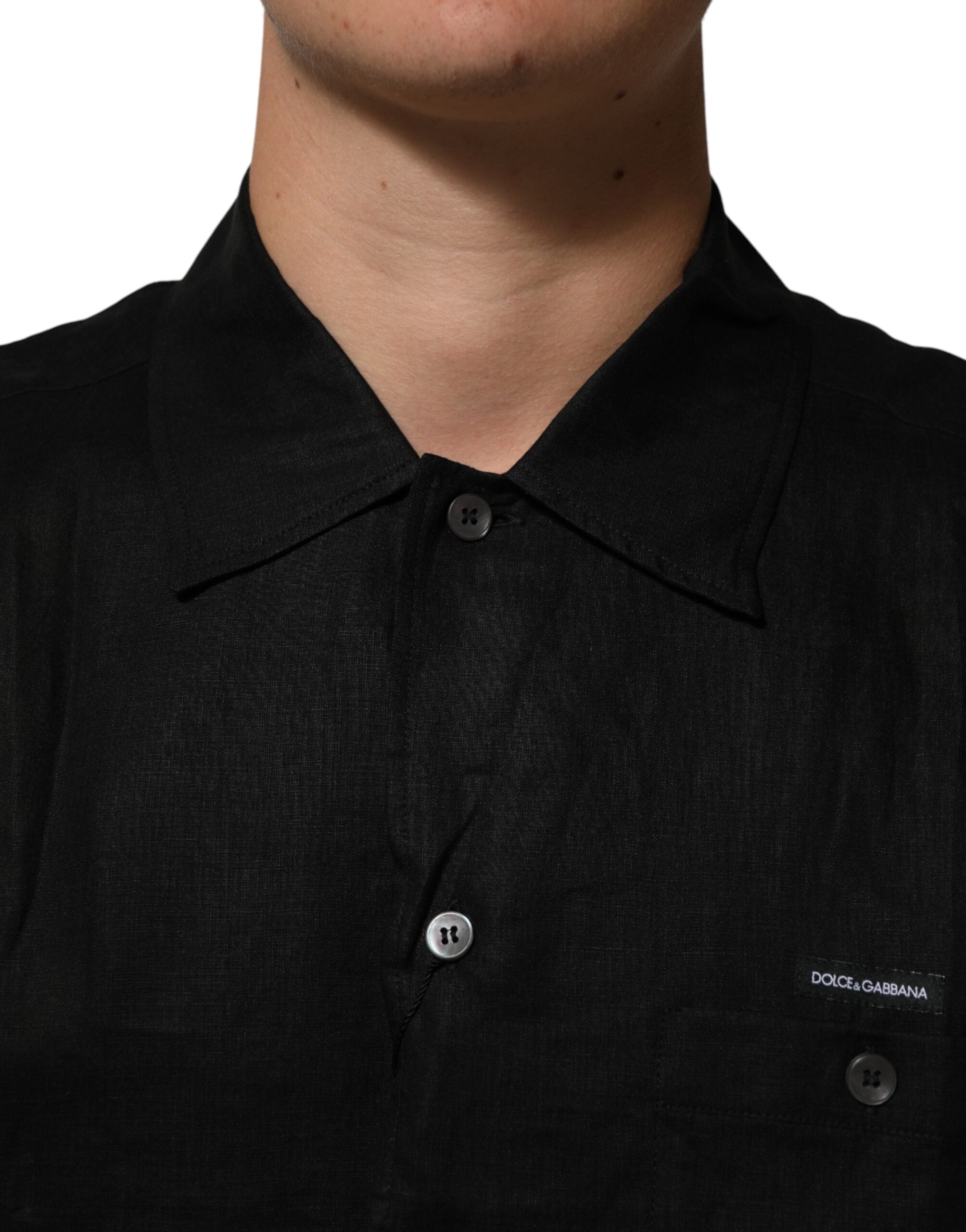 Black Linen Collared Short Sleeve Polo Shirt