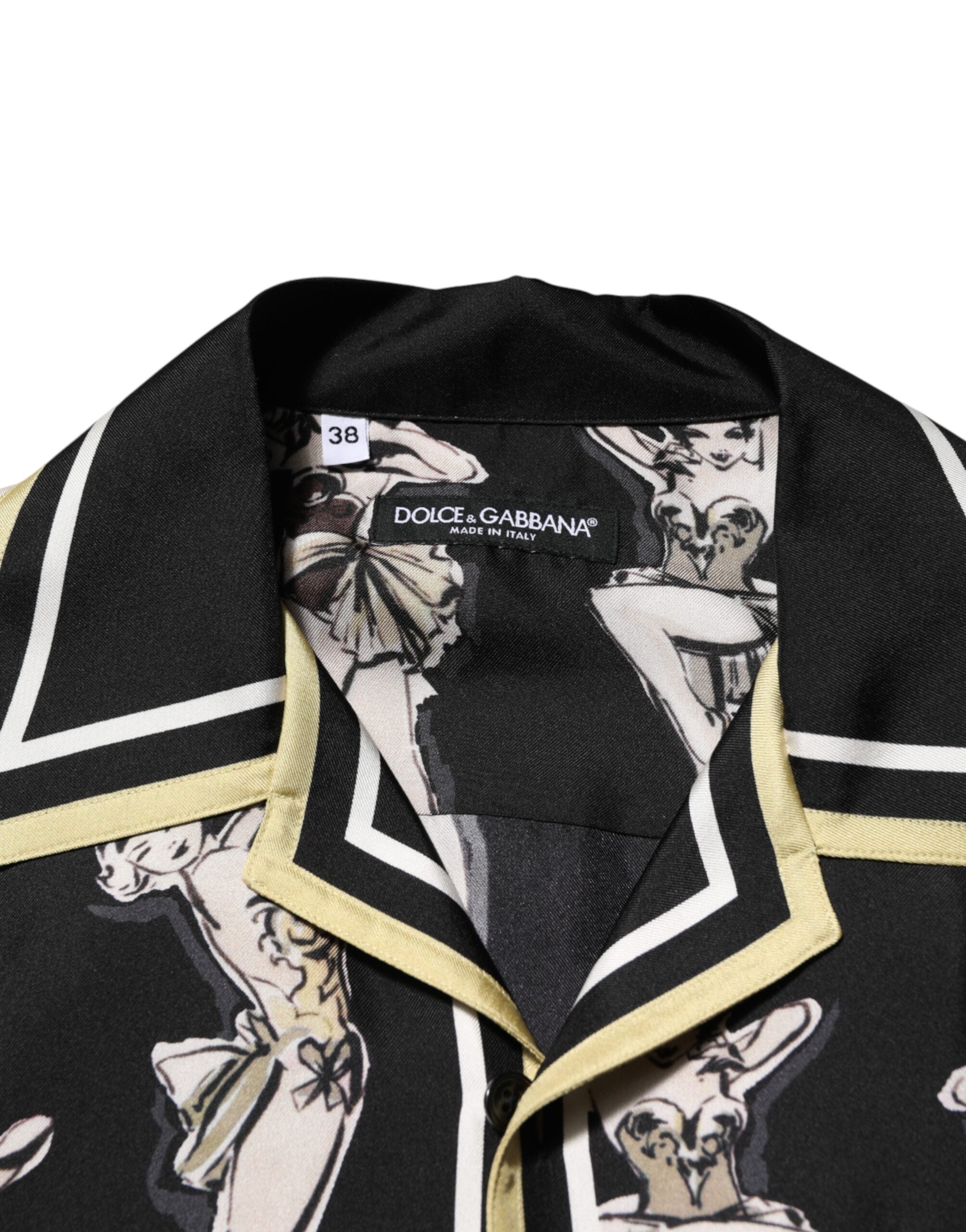 Black Silk Pin Up Printed Button Down Shirt