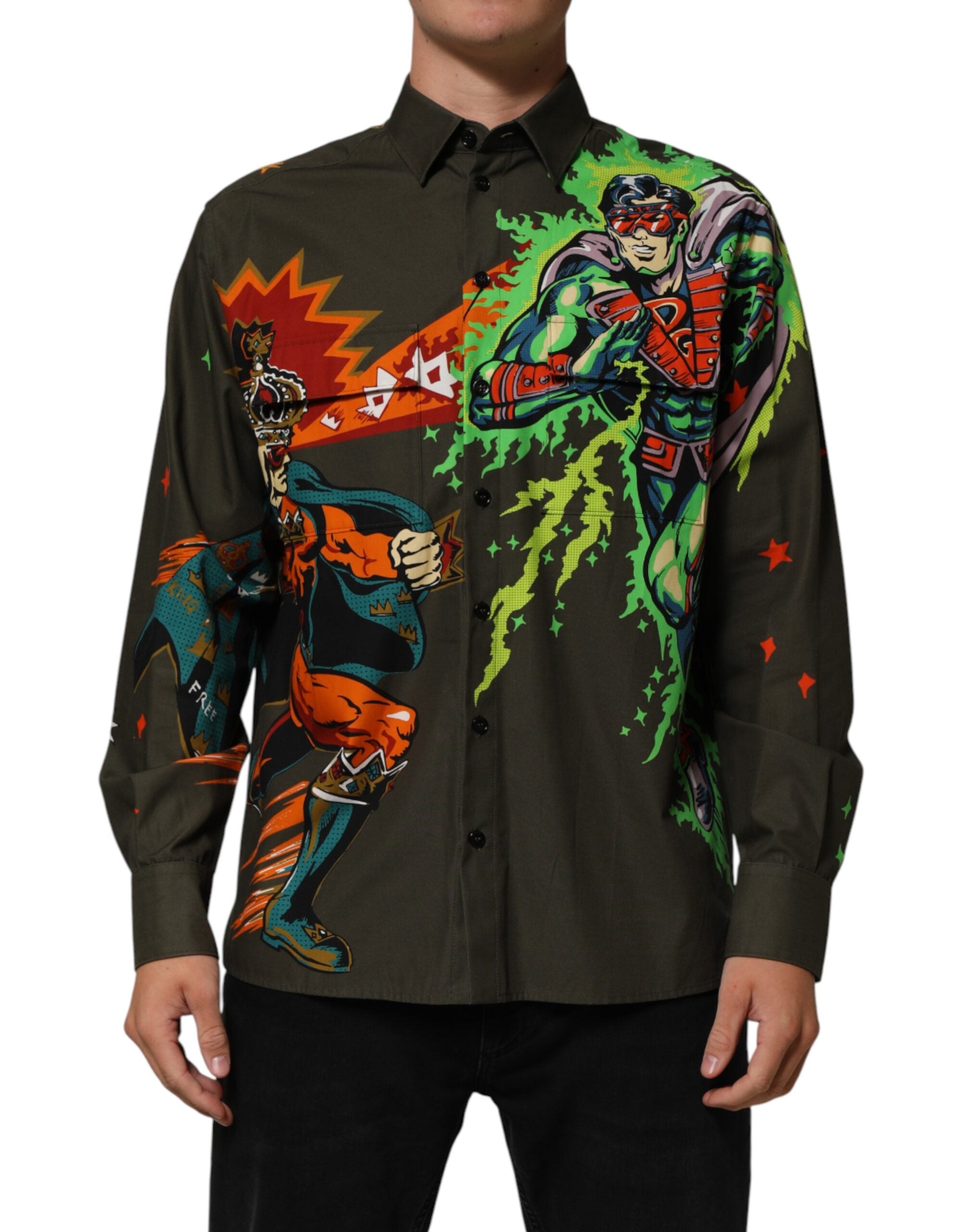 Brown Superhero Print Button Down Shirt - ventzia