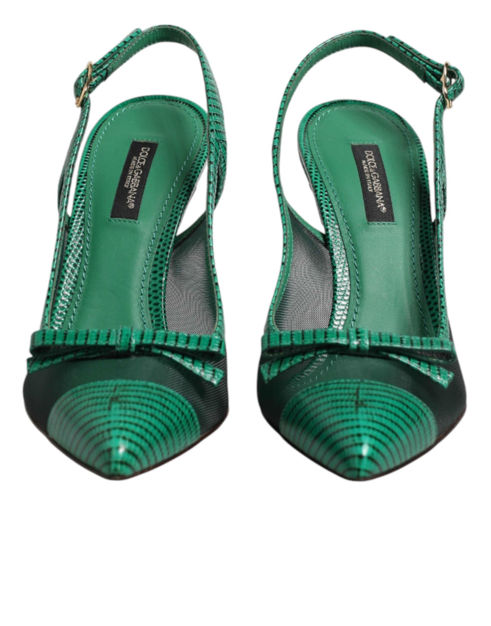 Green Leather Mesh Heels Slingback Shoes