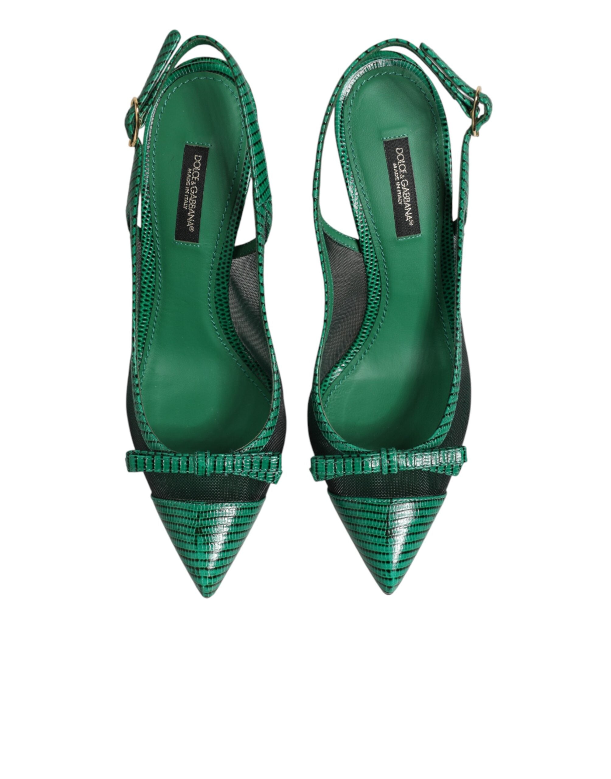 Green Leather Mesh Heels Slingback Shoes
