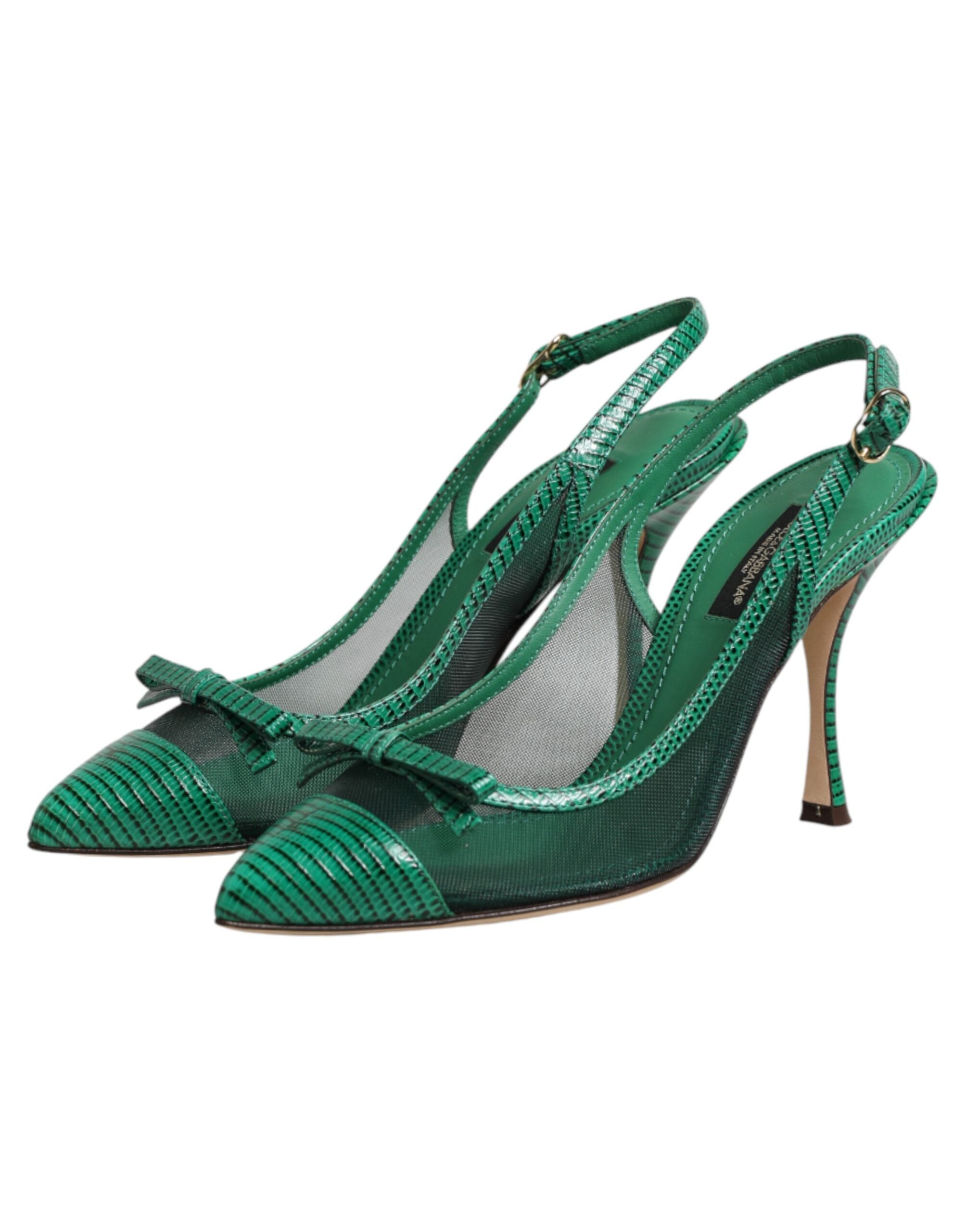 Green Leather Mesh Heels Slingback Shoes