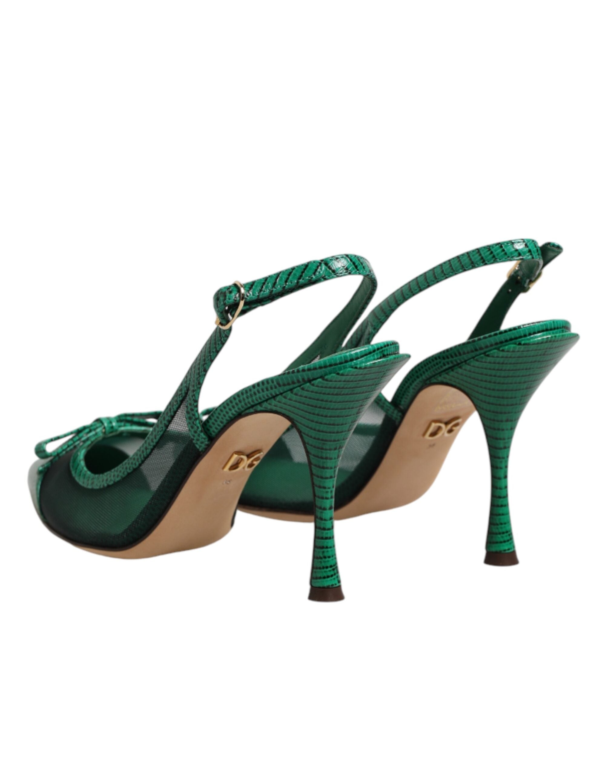 Green Leather Mesh Heels Slingback Shoes