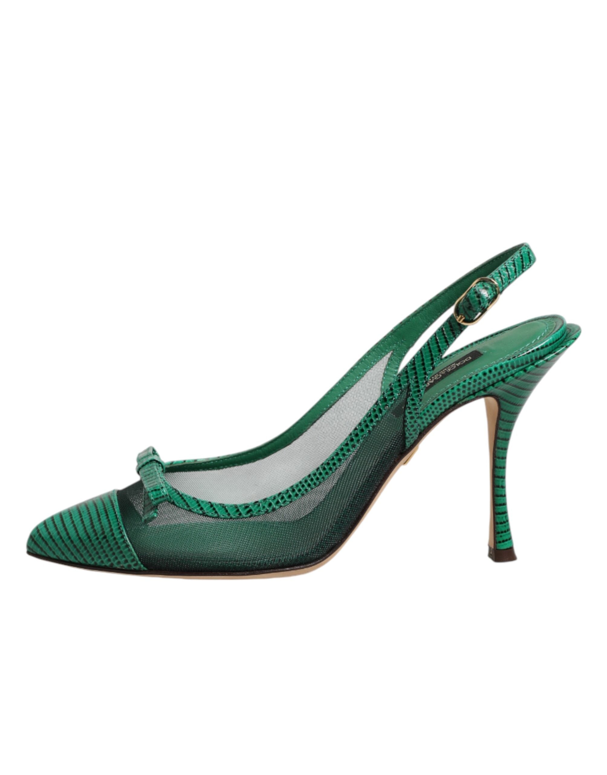 Green Leather Mesh Heels Slingback Shoes