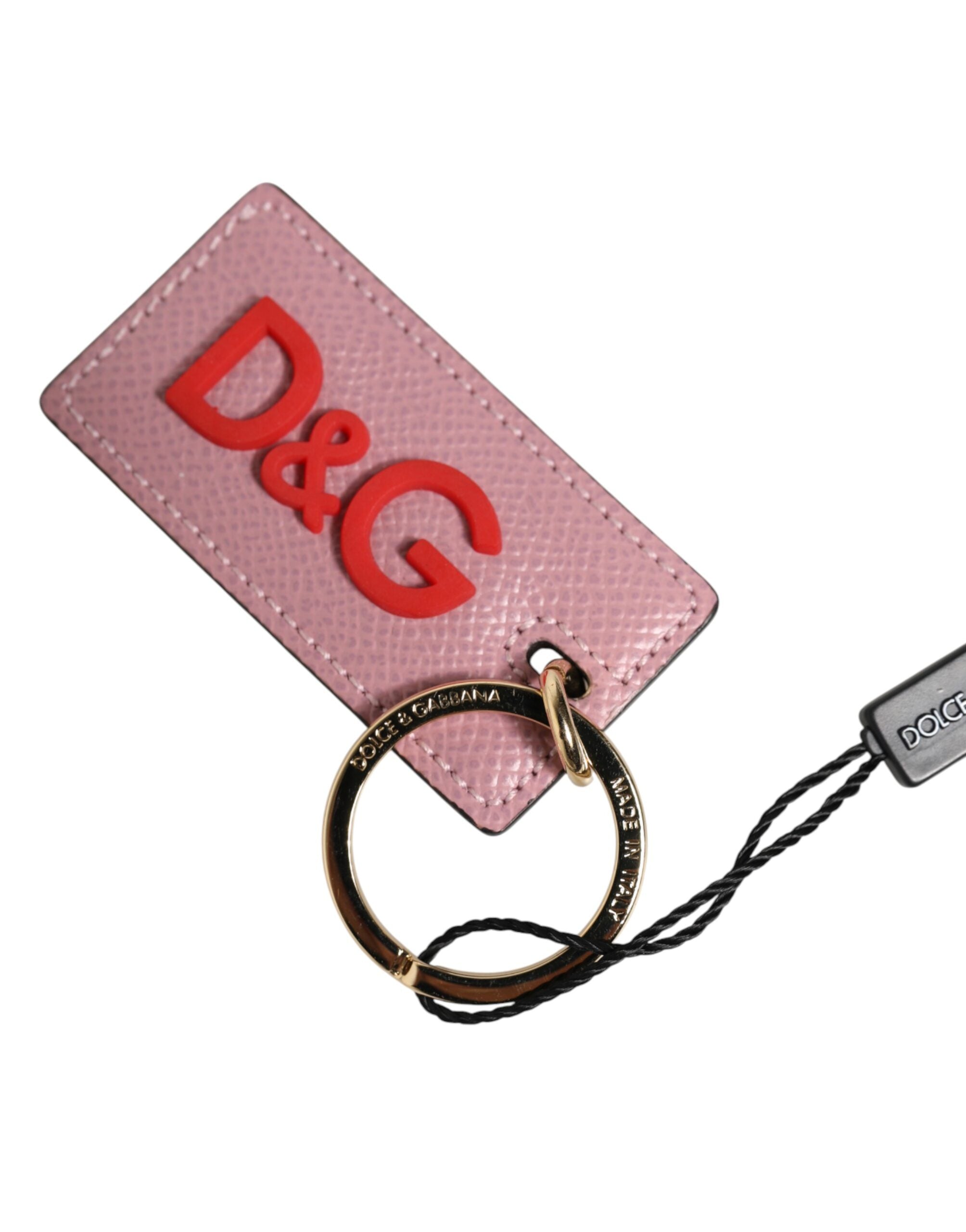 Pink Calf Leather Logo Metal Ring Men Keychain Keyring