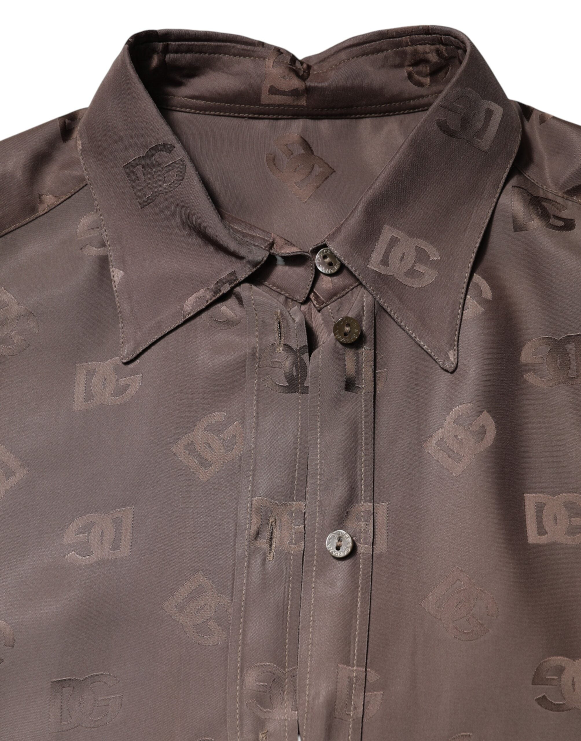 Brown Collared Long Sleeves Logo Shirt Top