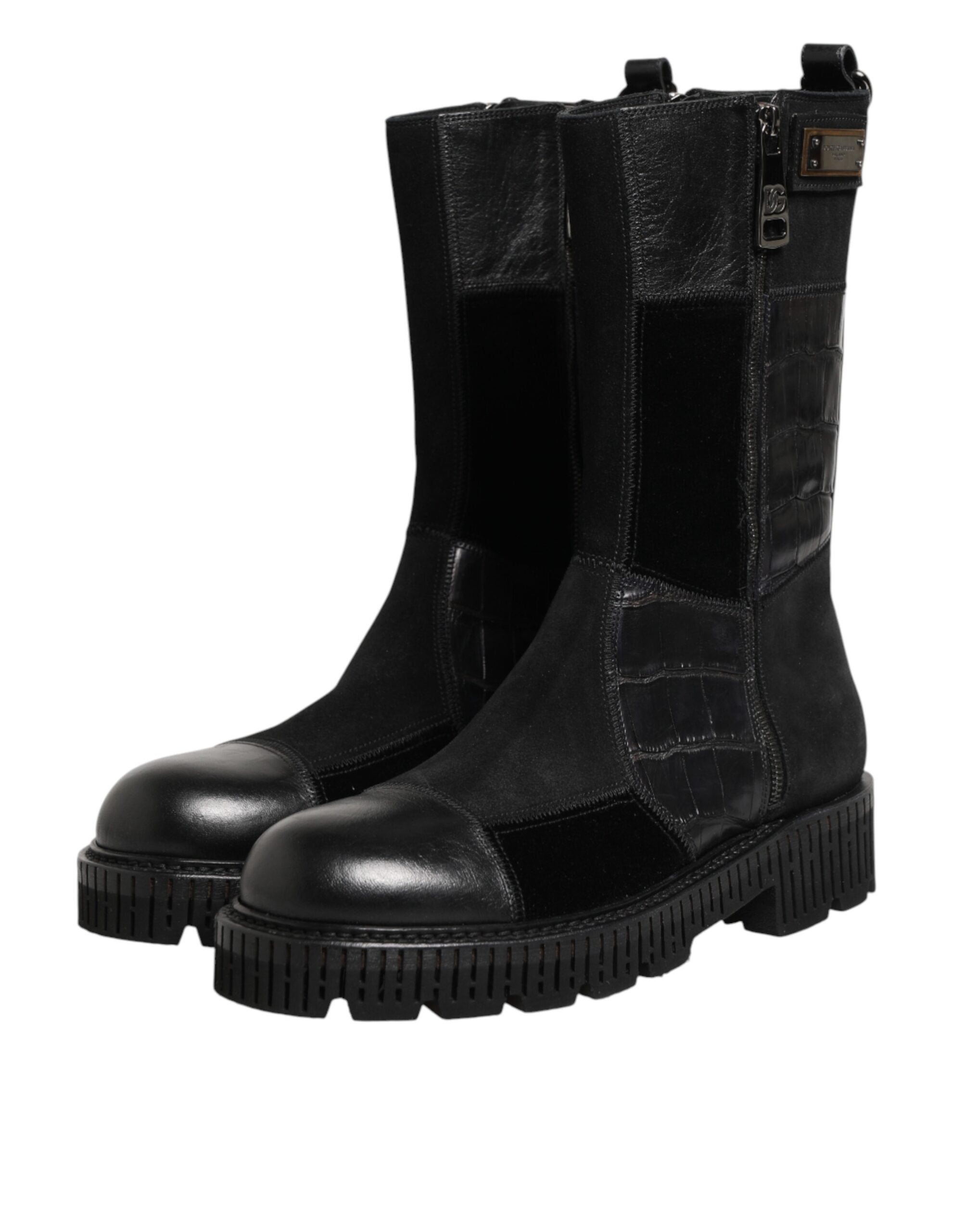 Black Patchwork Leather Mid Calf Boot Shoes