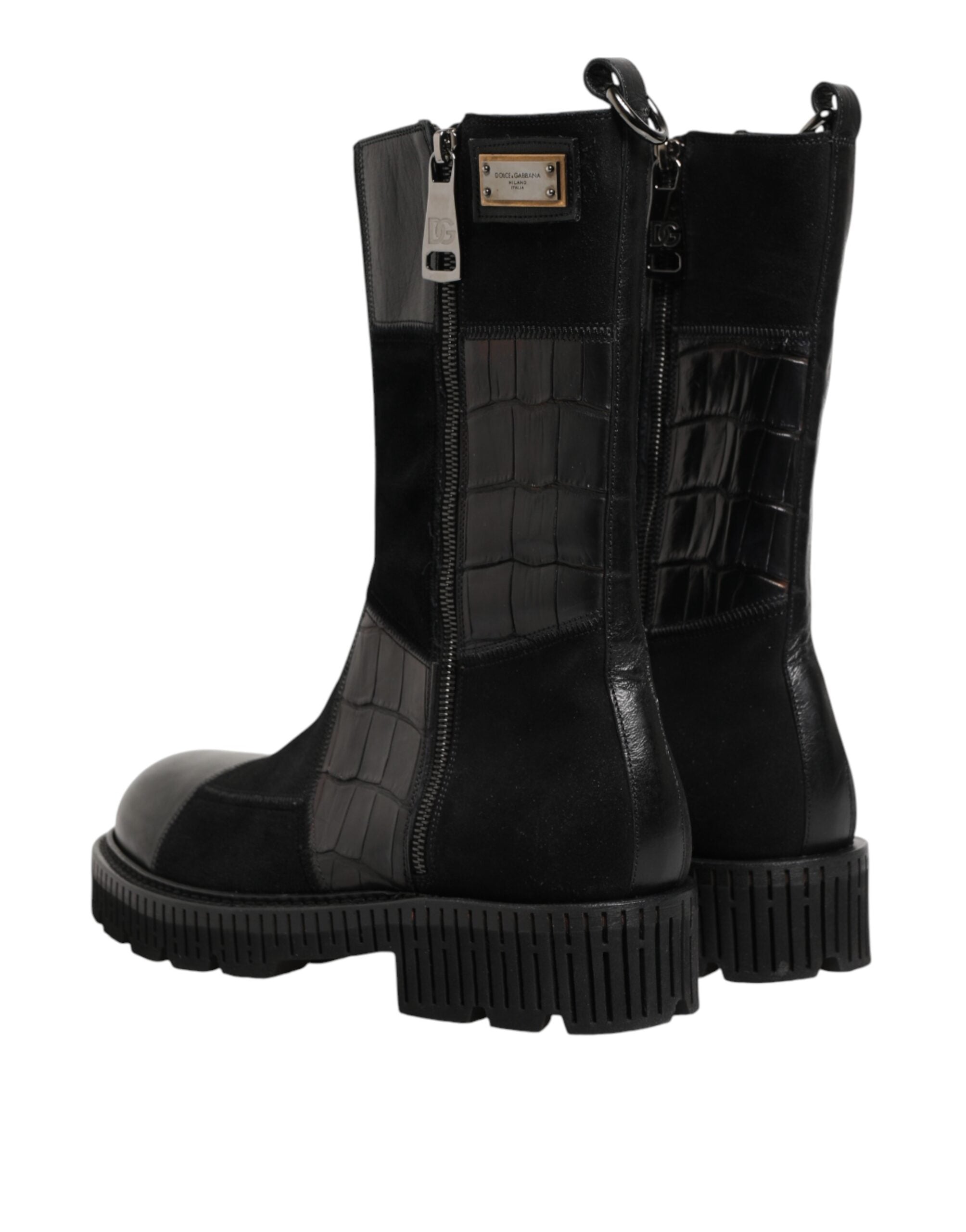 Black Patchwork Leather Mid Calf Boot Shoes