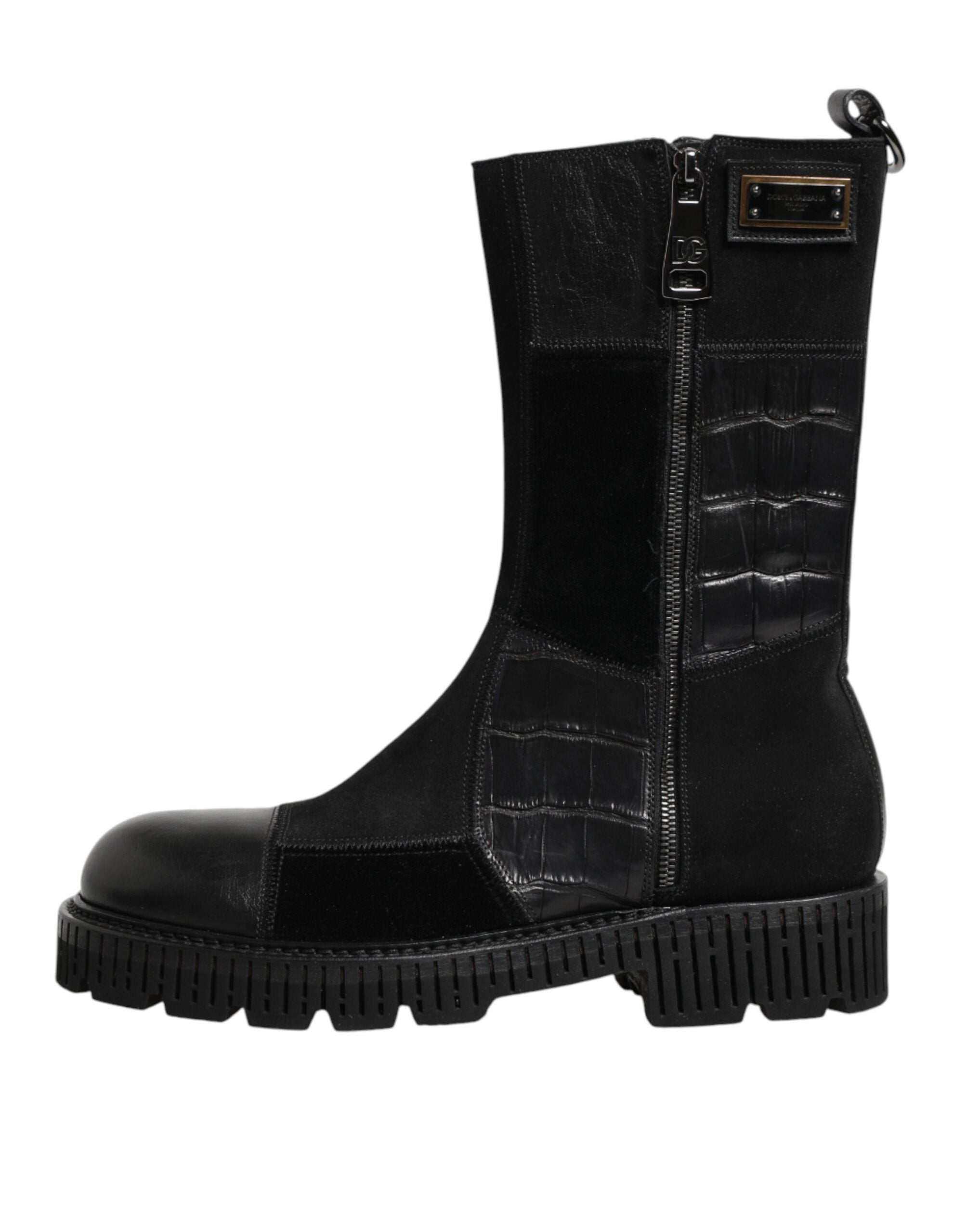 Black Patchwork Leather Mid Calf Boot Shoes