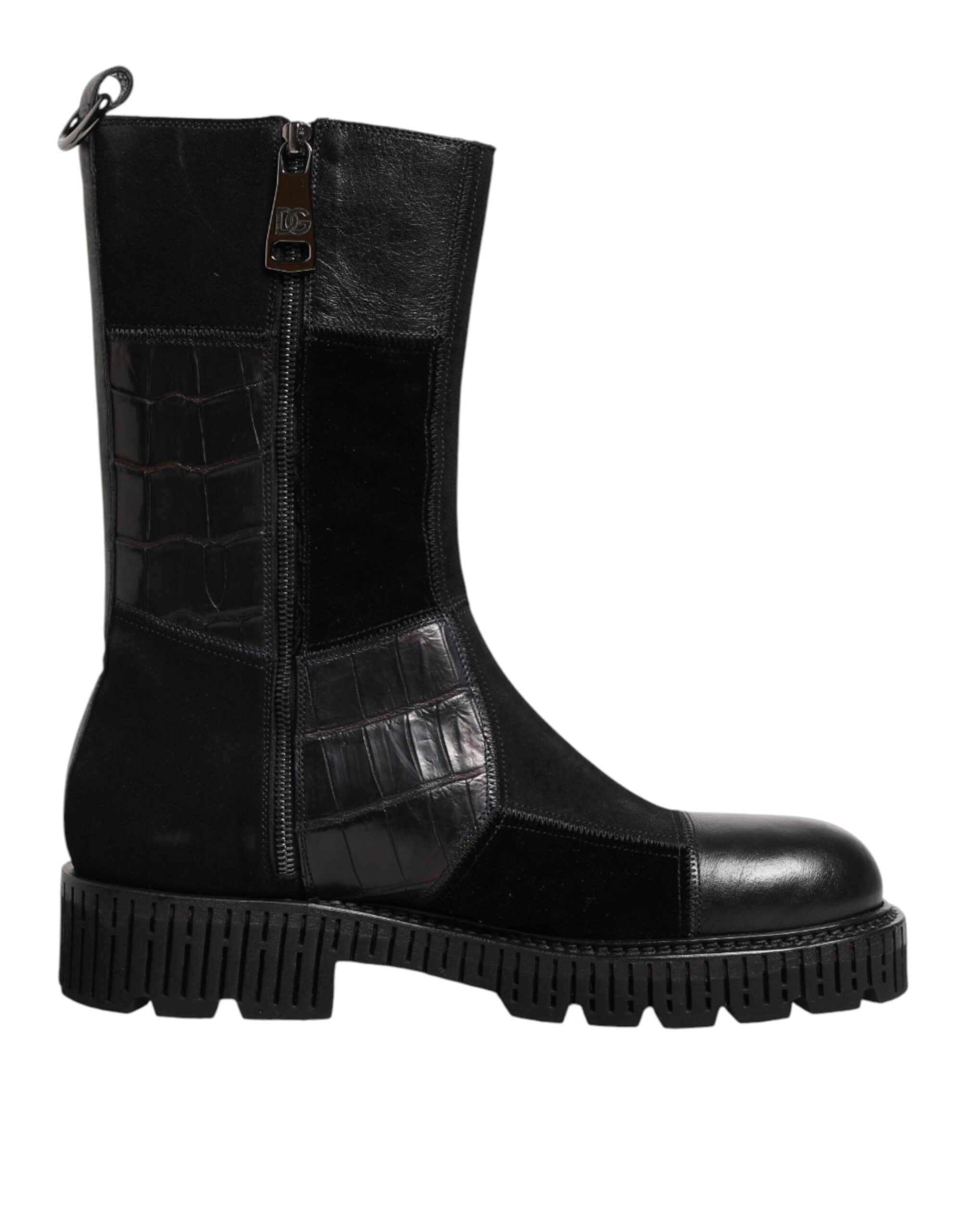 Black Patchwork Leather Mid Calf Boot Shoes