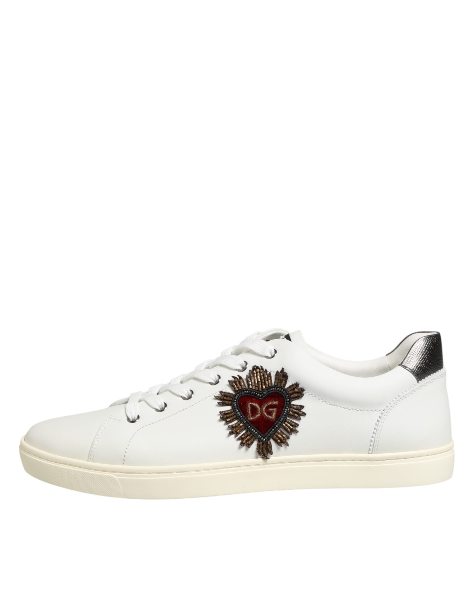 White Leather Heart Embellished Sneakers Shoes - ventzia