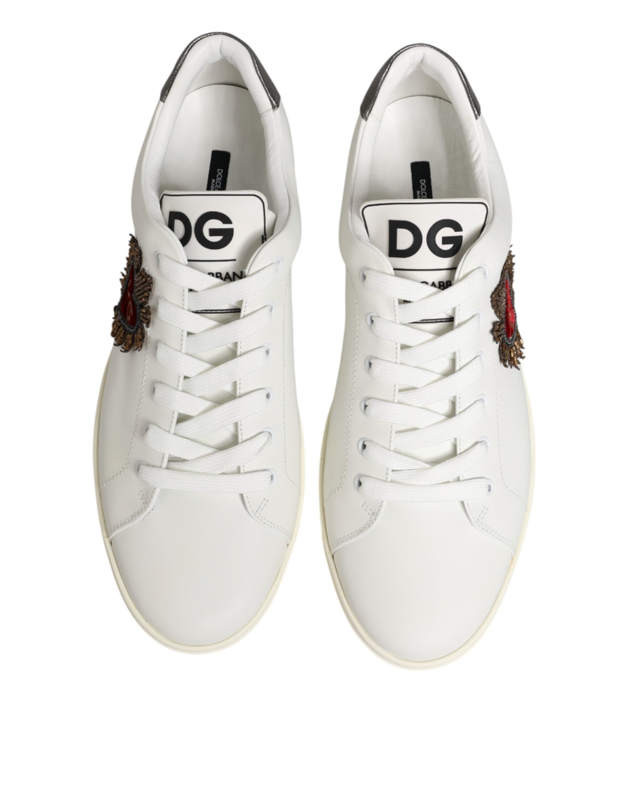 White Leather Heart Embellished Sneakers Shoes - ventzia