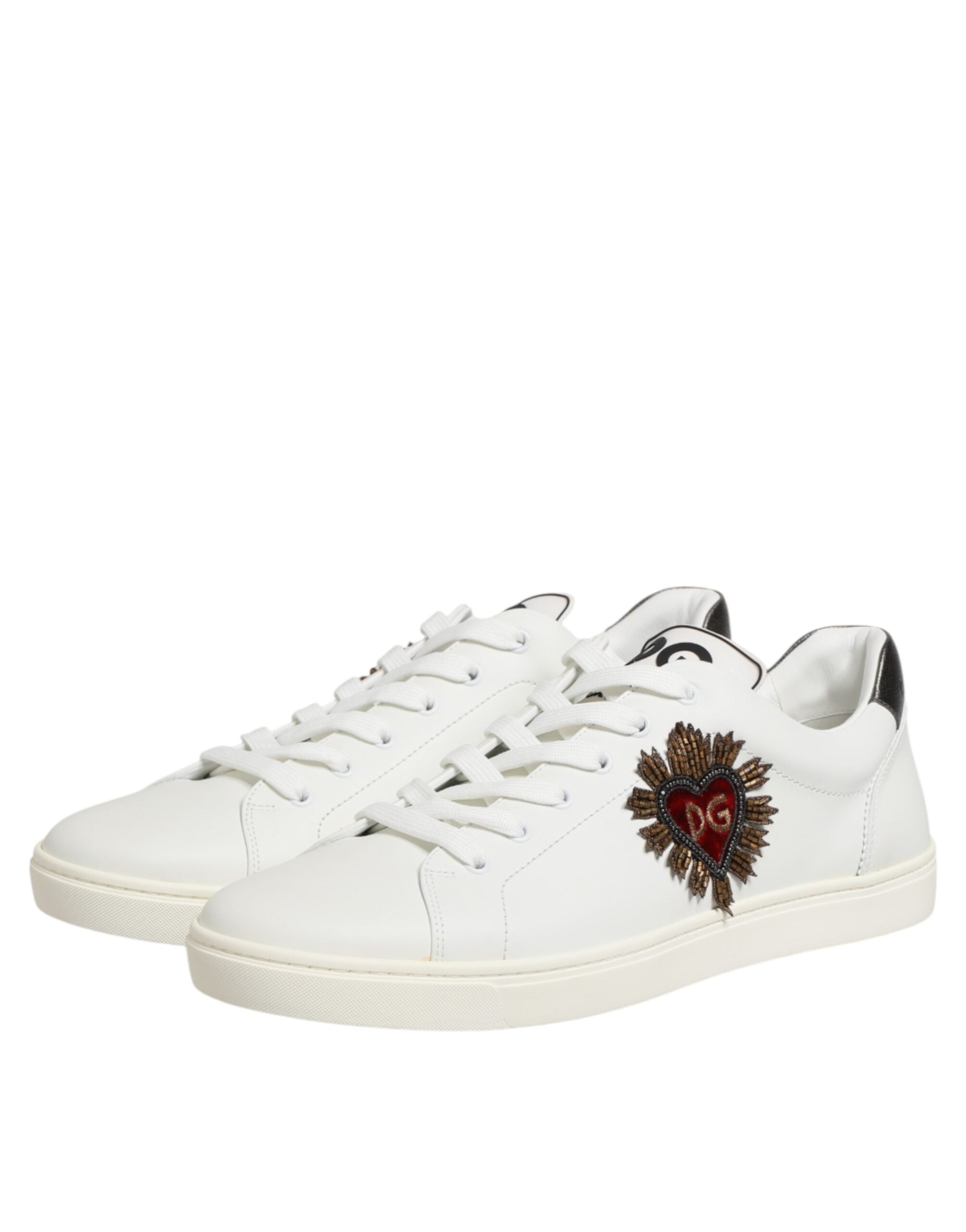 White Leather Heart Embellished Sneakers Shoes - ventzia